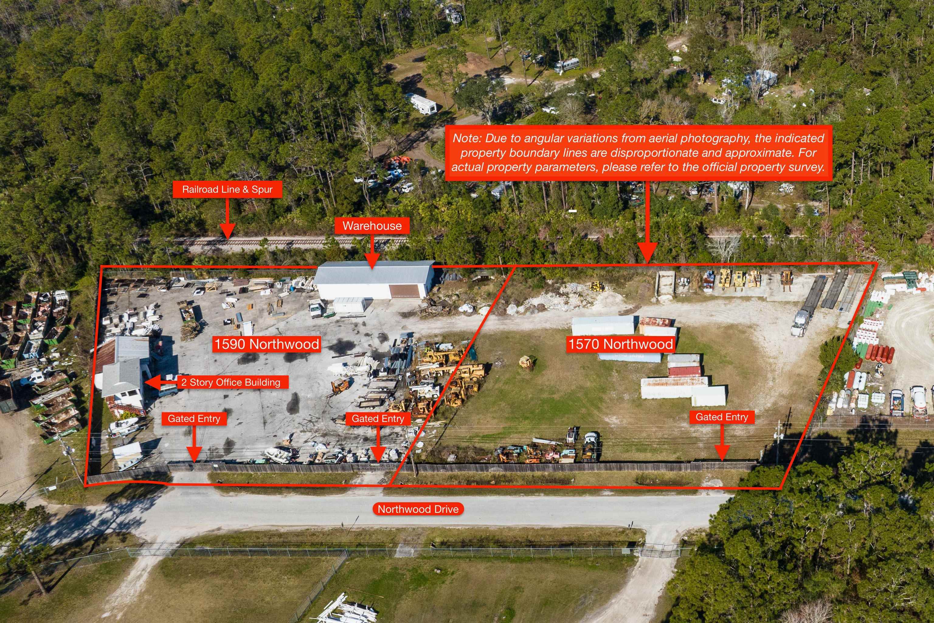 Time to buy the VERY LAST vacant Industrial Zone parcel in St. Johns County, Florida!  1570-1590 Northwood Dr. St. Augustine are two adjoining parcels totaling 2.28 acres.  96.5% of the property is vacant!!! This is the ONLY primarily undeveloped Industrial piece in the newly effective 2025 St. Johns County Land Use Plan (yellow on the Zoning Map).  It is ideal for a new industrial or manufacturing facility.   1570 Northwood is 1.0 acre of level, dry vacant land. 1590 Northwood has a 1,971 sq.ft. masonry warehouse with a large roll-up door, and a 900 sq ft open masonry garage for storage. It also boasts a 1,074 sq ft 2 story wood-frame office building with 1.5 baths and window A/C units. These buildings are situated on 1.28 acres of paved land and are prior non-conforming uses. The property is served by 200 amp-3 phase power, high-speed internet, and a deep well.