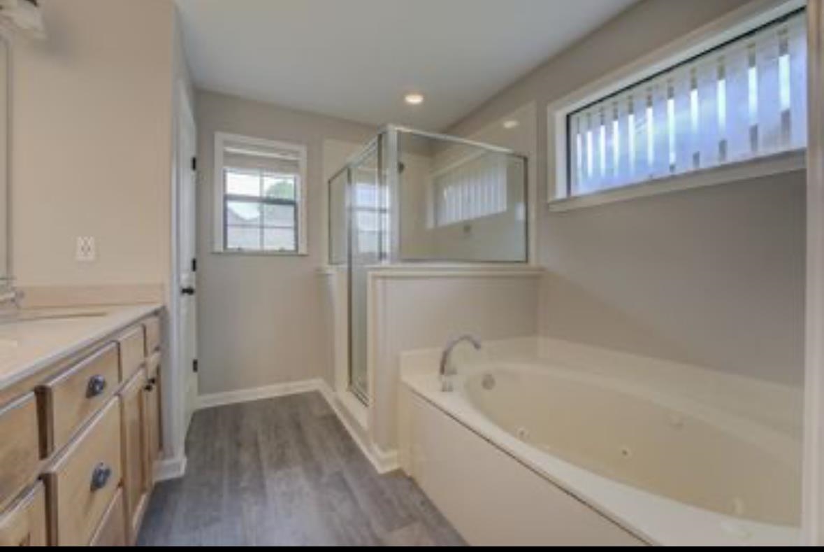 Bathroom with vanity, hardwood / wood-style flooring, and plus walk in shower