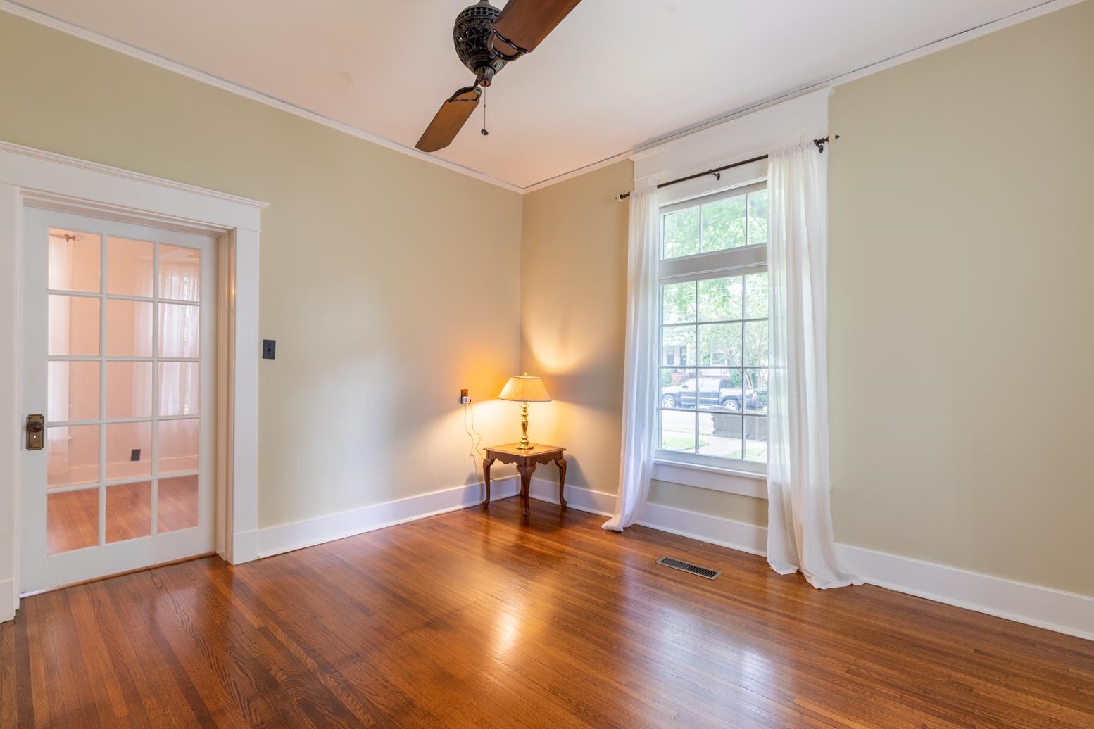 Gorgeous hardwood floors and decorative fireplace