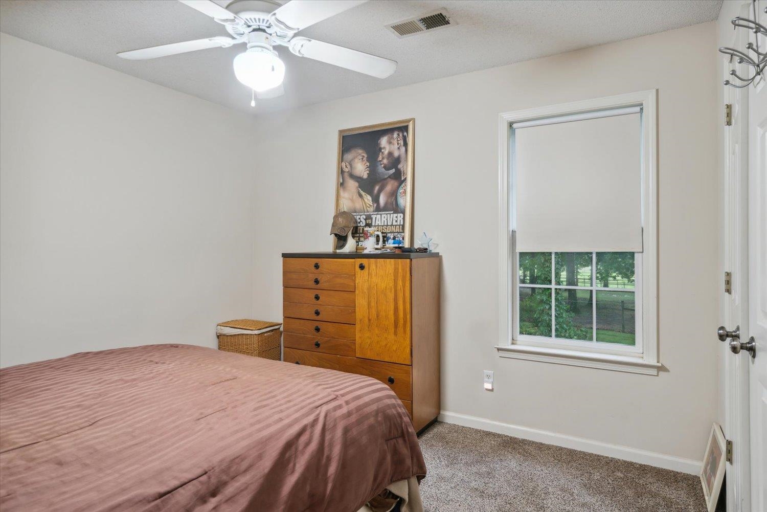 Bedroom with carpet floors and ceiling fan