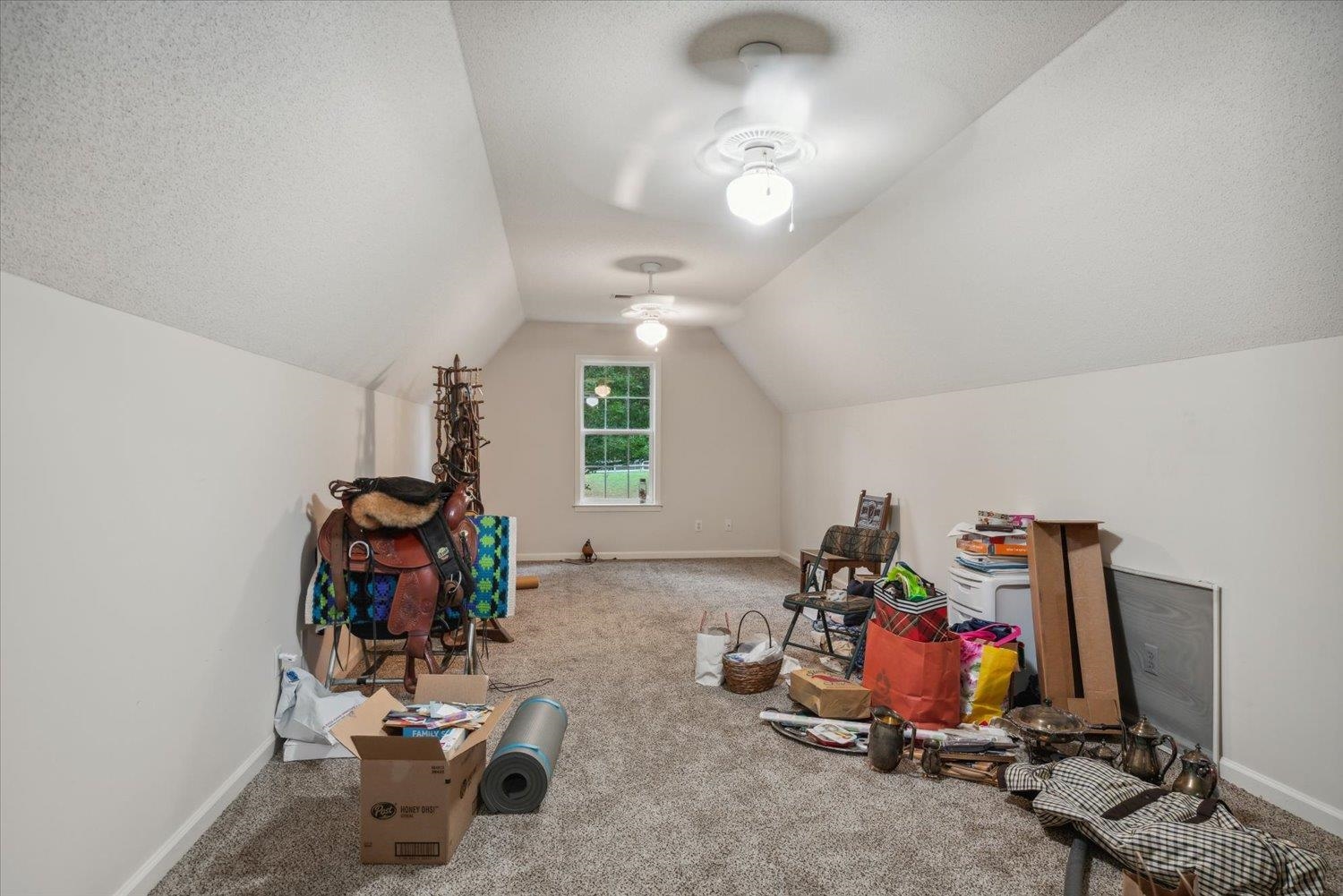 Recreation room featuring carpet, ceiling fan, and vaulted ceiling