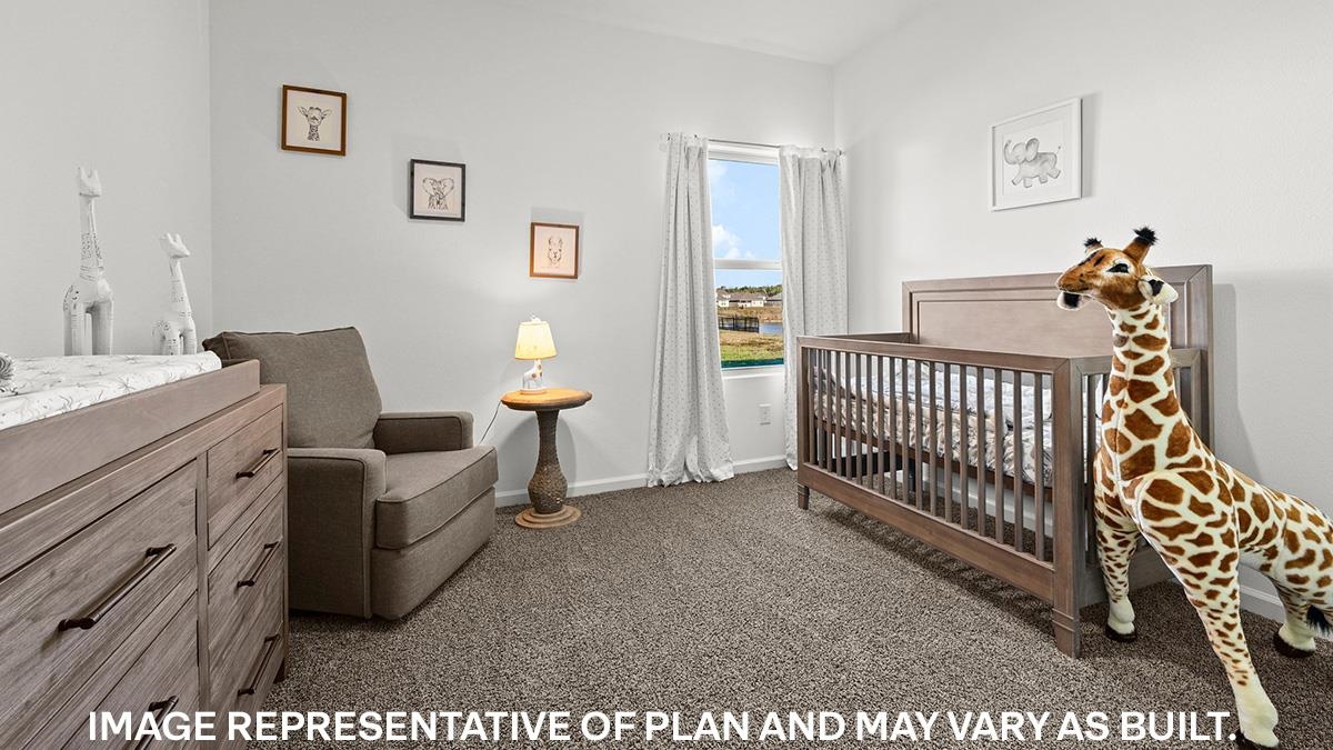 Carpeted bedroom with a nursery area