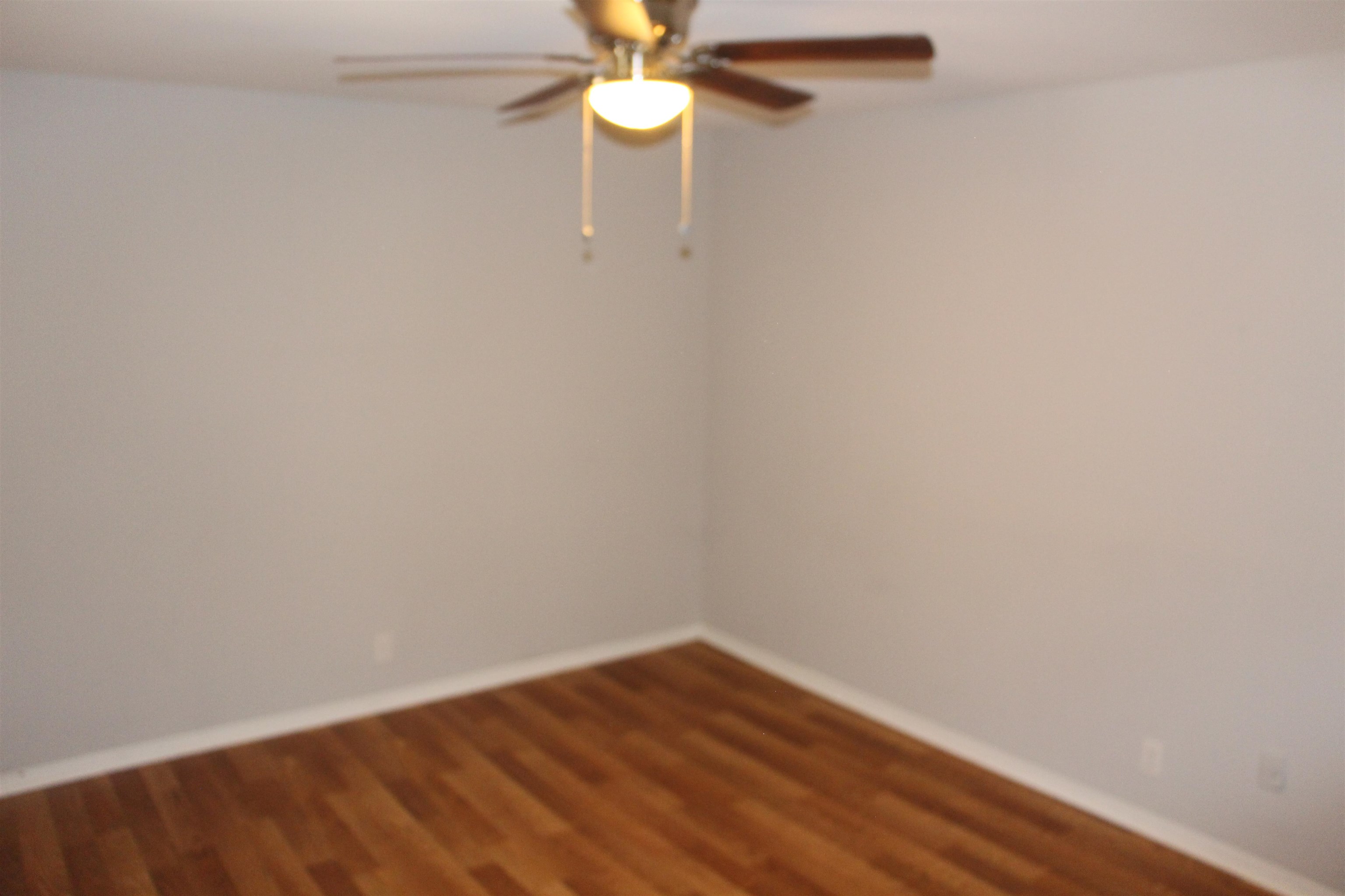 Unfurnished room with ceiling fan and wood-type flooring