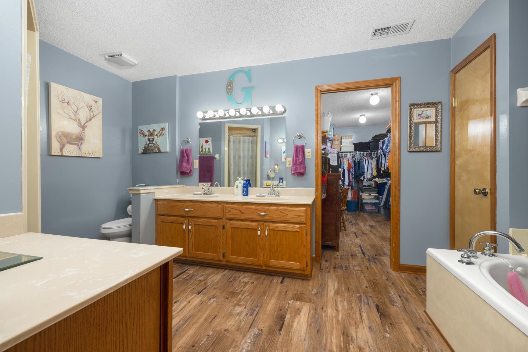 Bathroom featuring hardwood / wood-style floors, a textured ceiling, toilet, a tub, and vanity