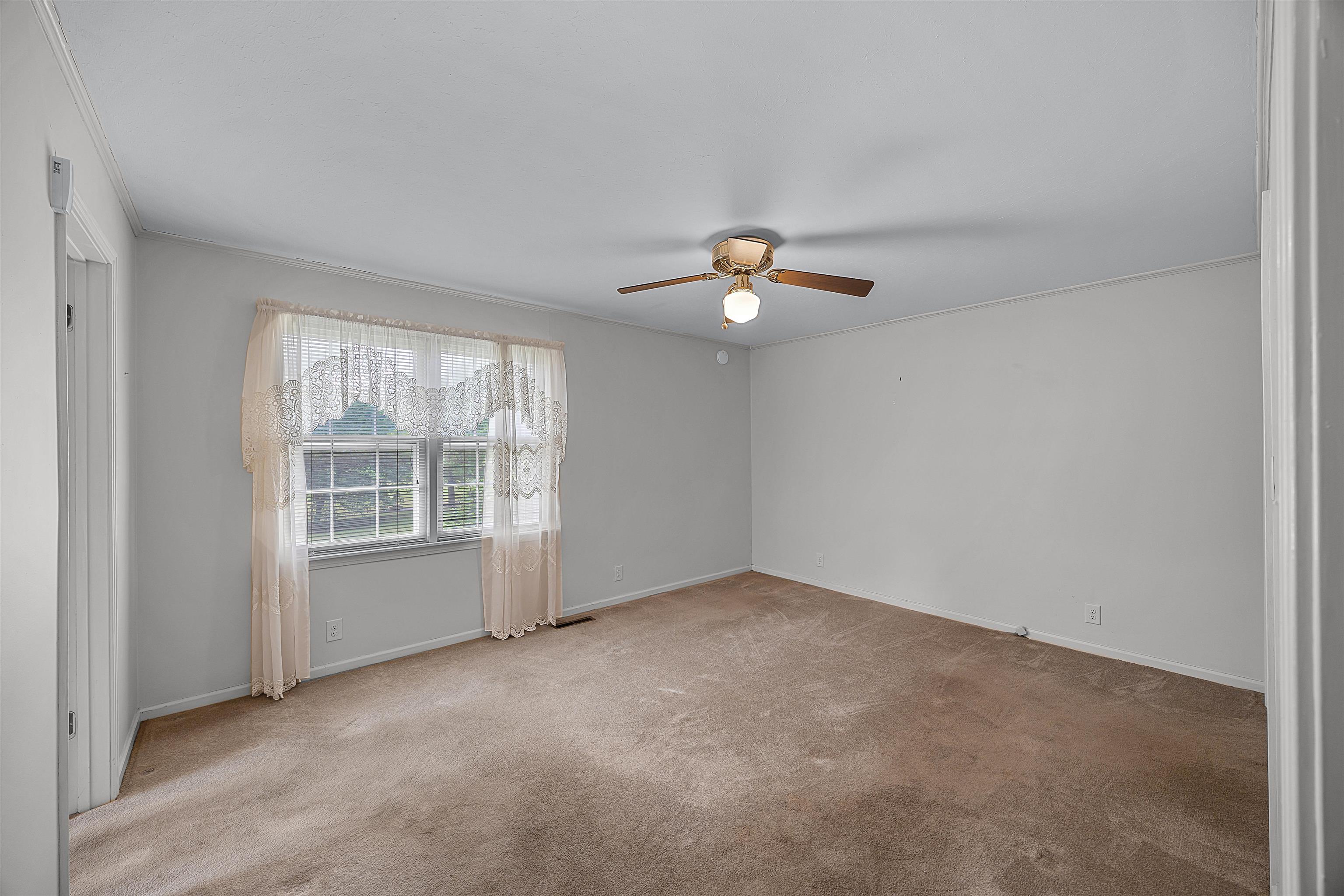 Empty room featuring light carpet, ornamental molding, and ceiling fan