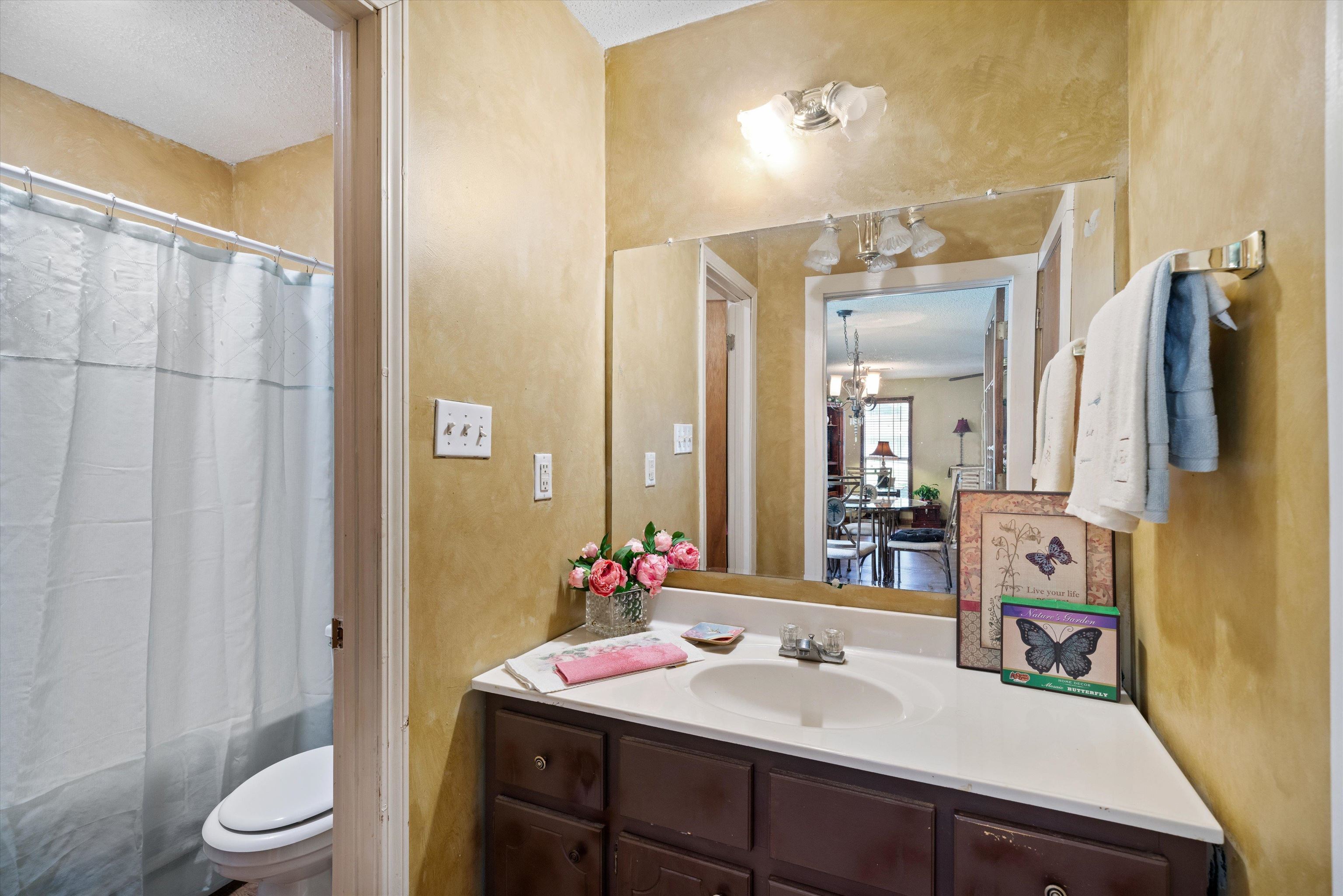 In-Law Quarters Bathroom featuring vanity, a textured ceiling, toilet, and a chandelier