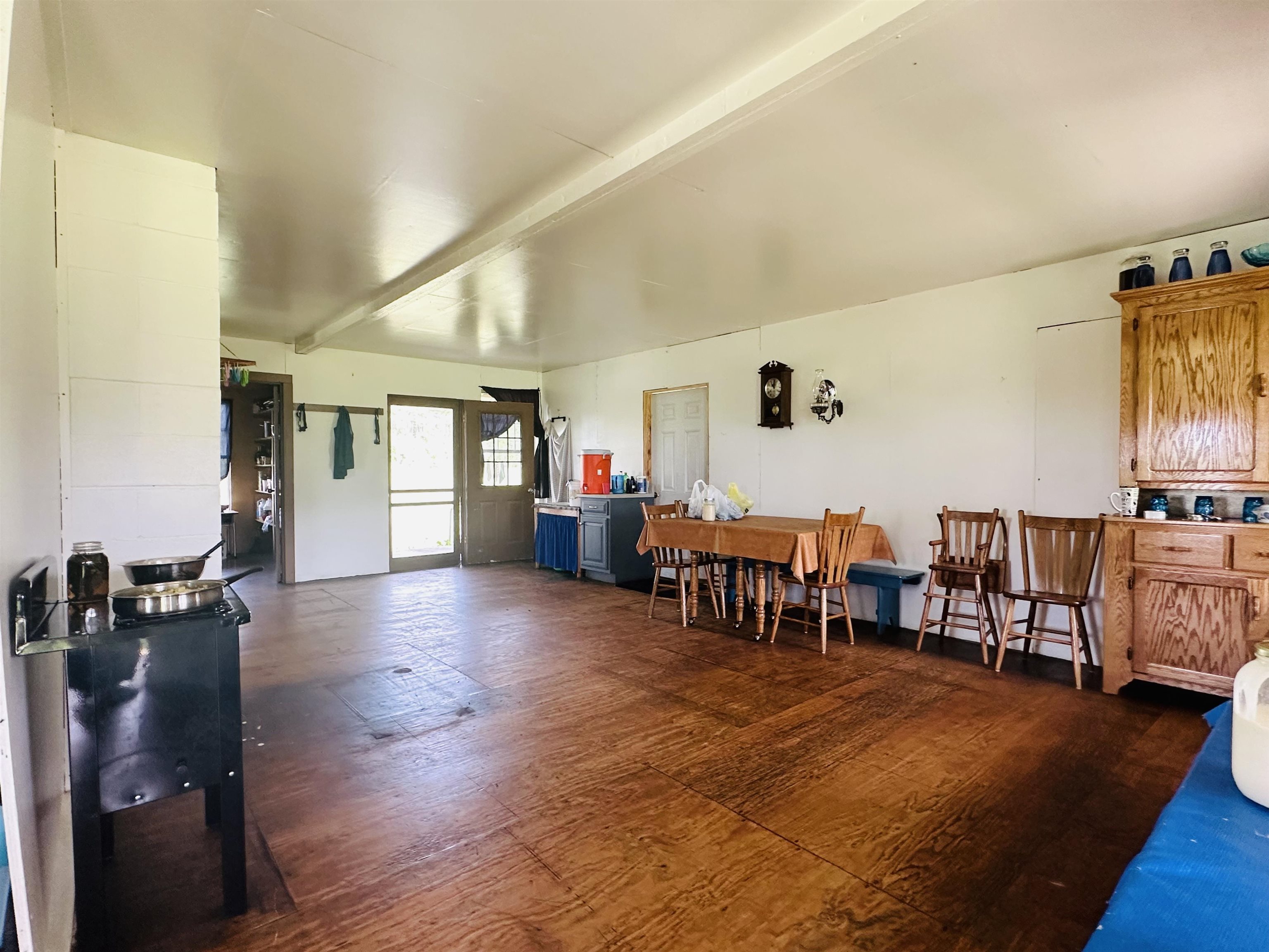 Interior space with beamed ceiling