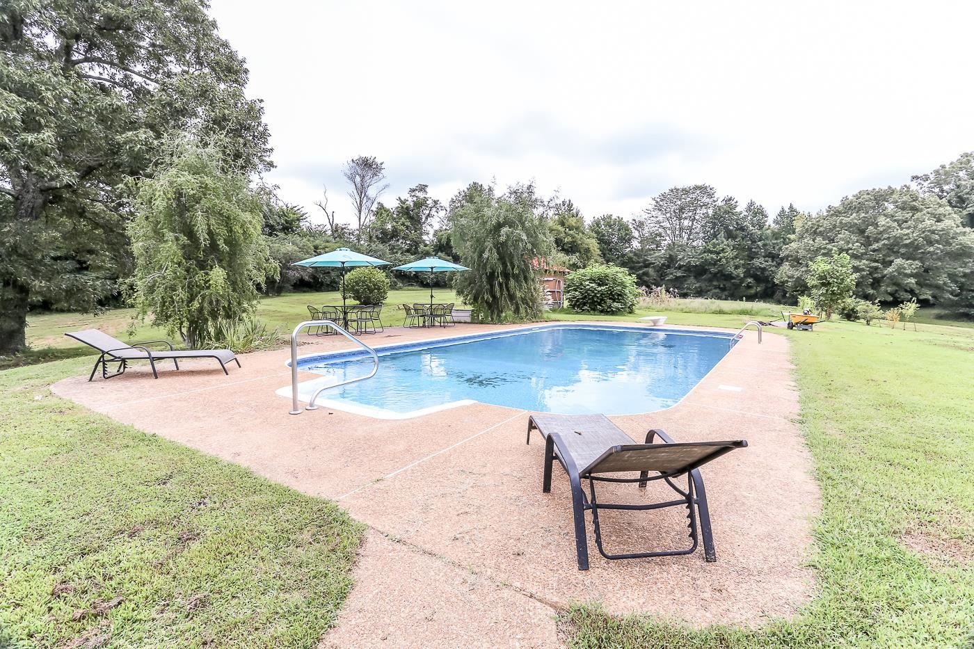 View of pool with a diving board, a patio, and a lawn