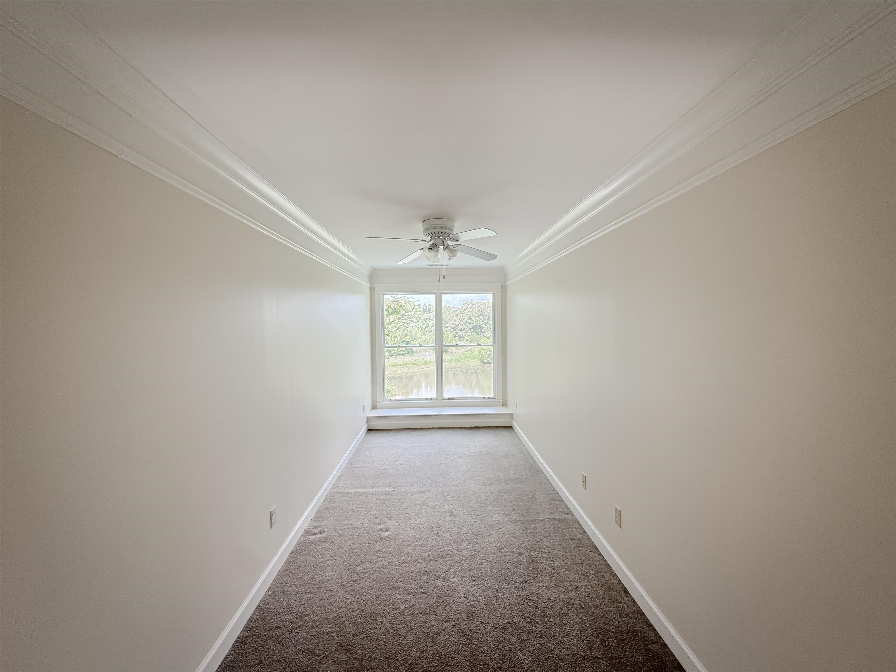 Carpeted spare room with ceiling fan and crown molding