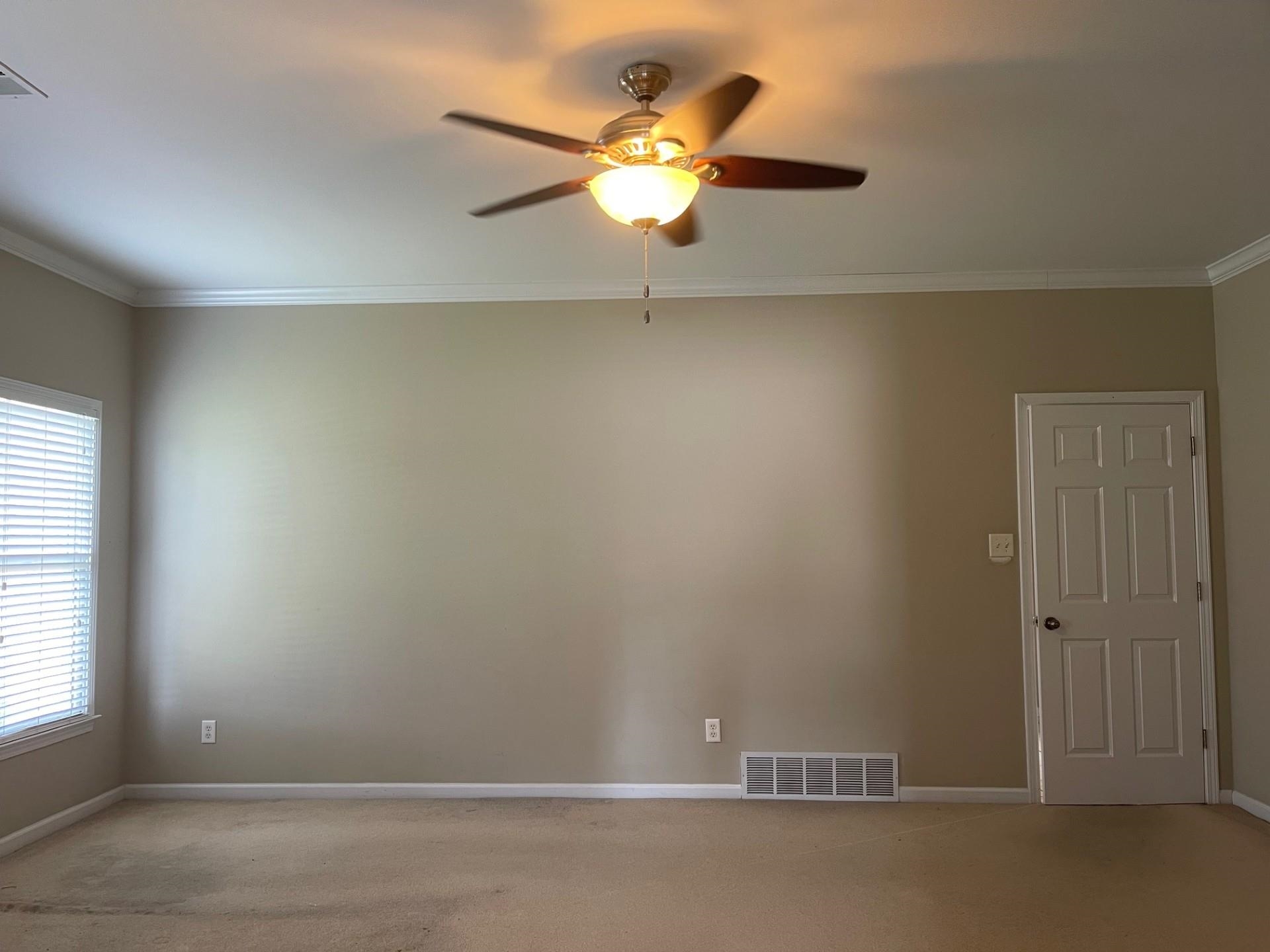 Unfurnished room with ceiling fan, ornamental molding, carpet floors, and a healthy amount of sunlight