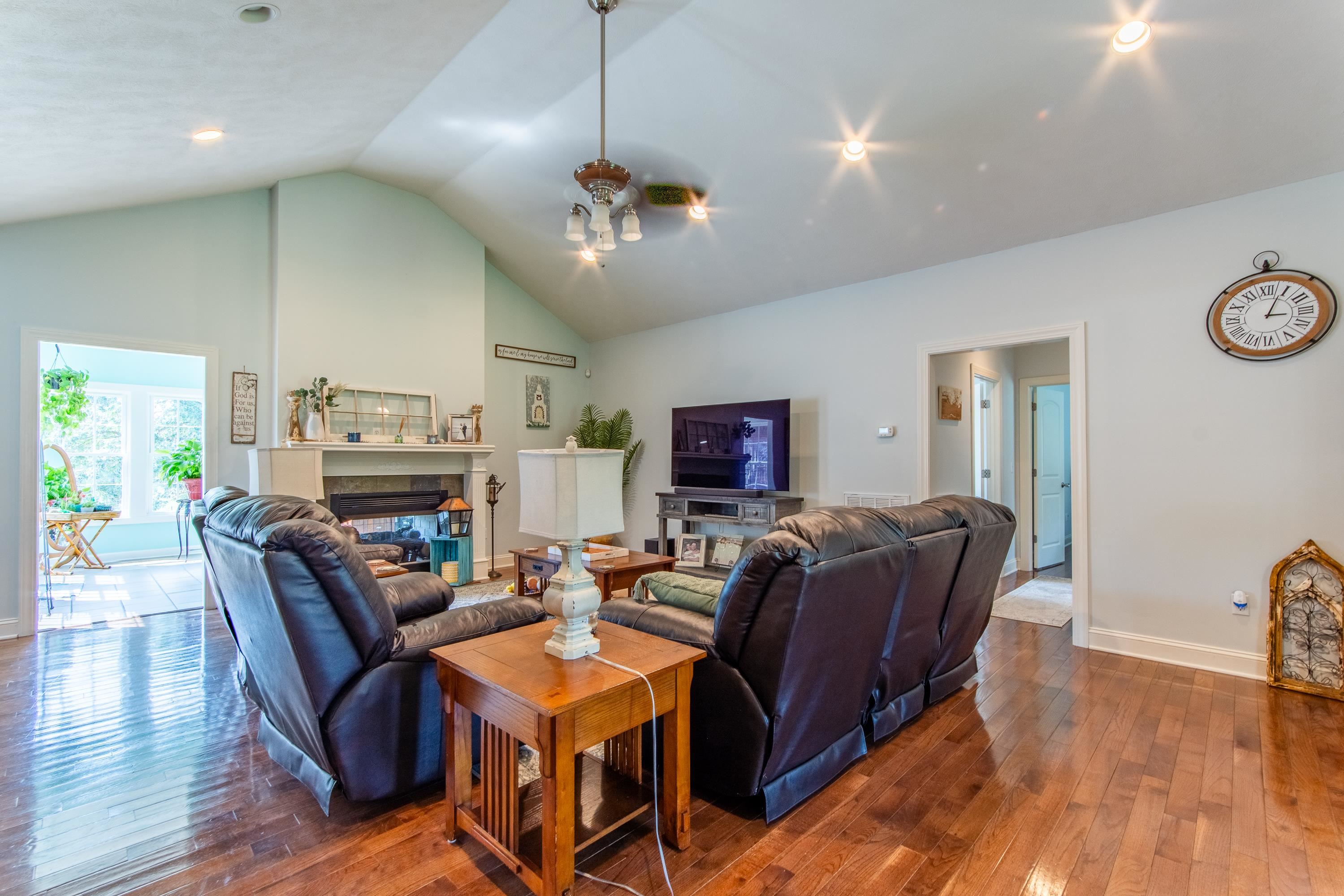 Living room featuring dark wood-type flooring and lofted ceiling