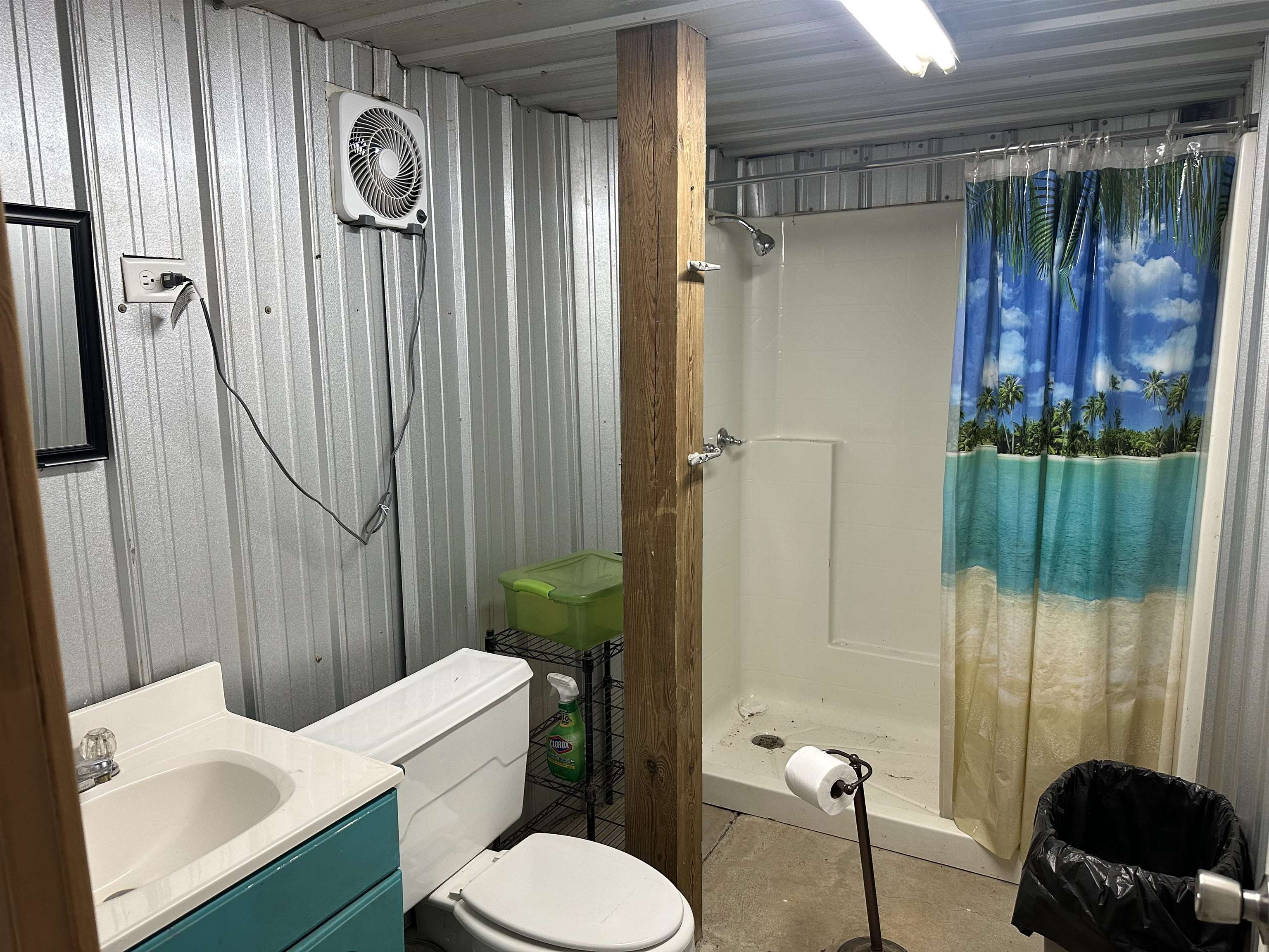 Bathroom featuring toilet, vanity, and a shower with shower curtain