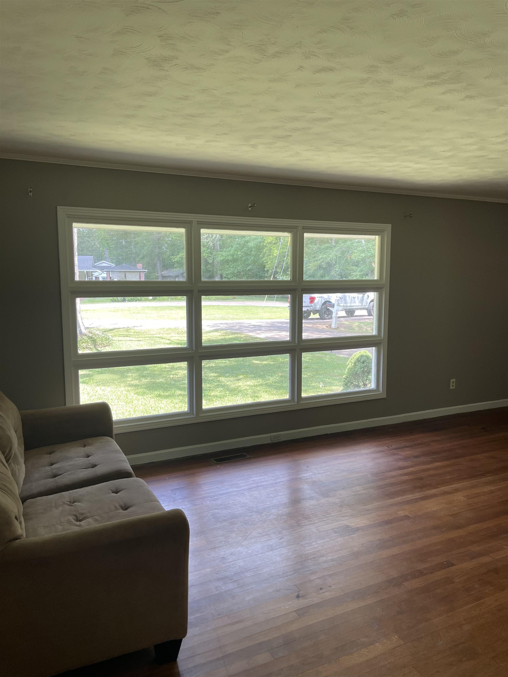 Living room featuring a textured ceiling, dark hardwood / wood-style flooring, and a healthy amount of sunlight