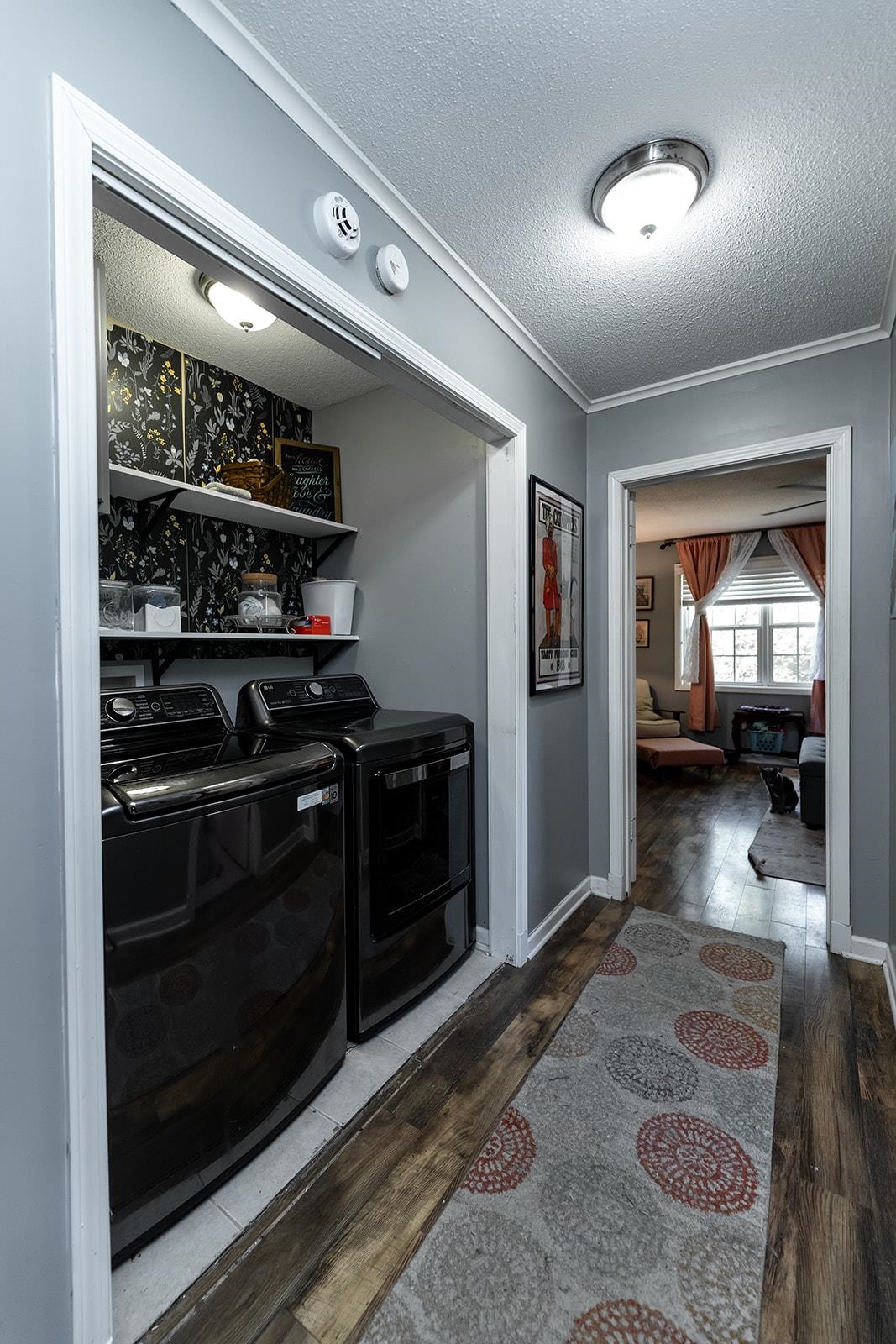 Bar featuring independent washer and dryer, dark wood-type flooring, a textured ceiling, and ornamental molding