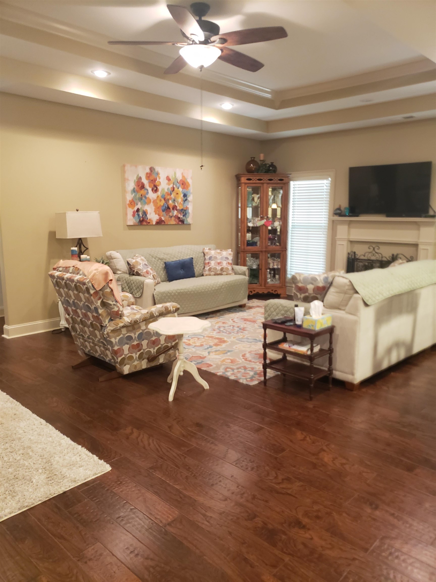 Living room featuring dark wood-type flooring, ceiling fan, and a raised ceiling