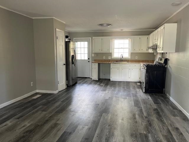 Kitchen with crown molding, stainless steel appliances, sink, dark wood-type flooring, and white cabinets