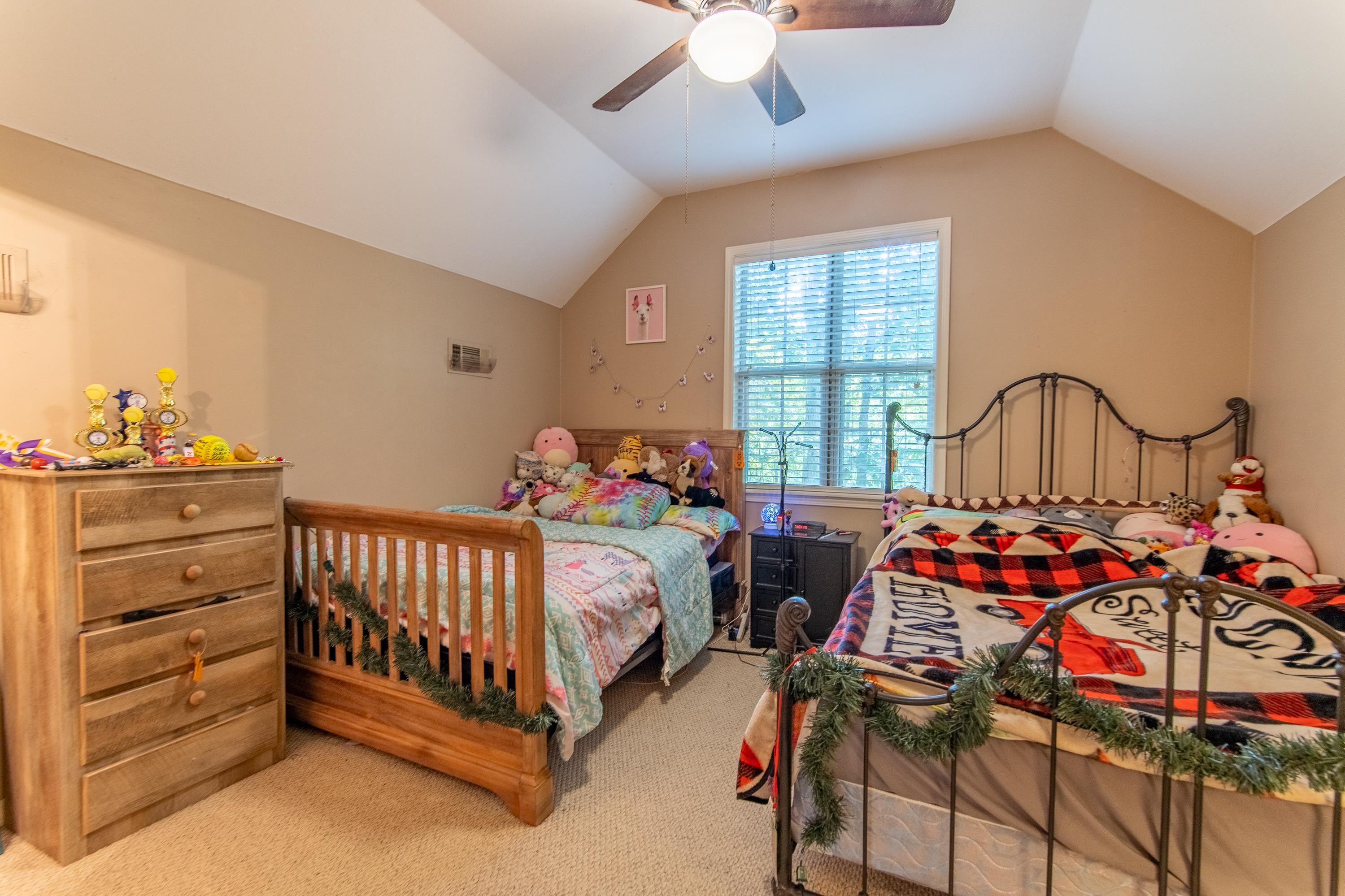 Carpeted bedroom with lofted ceiling and ceiling fan