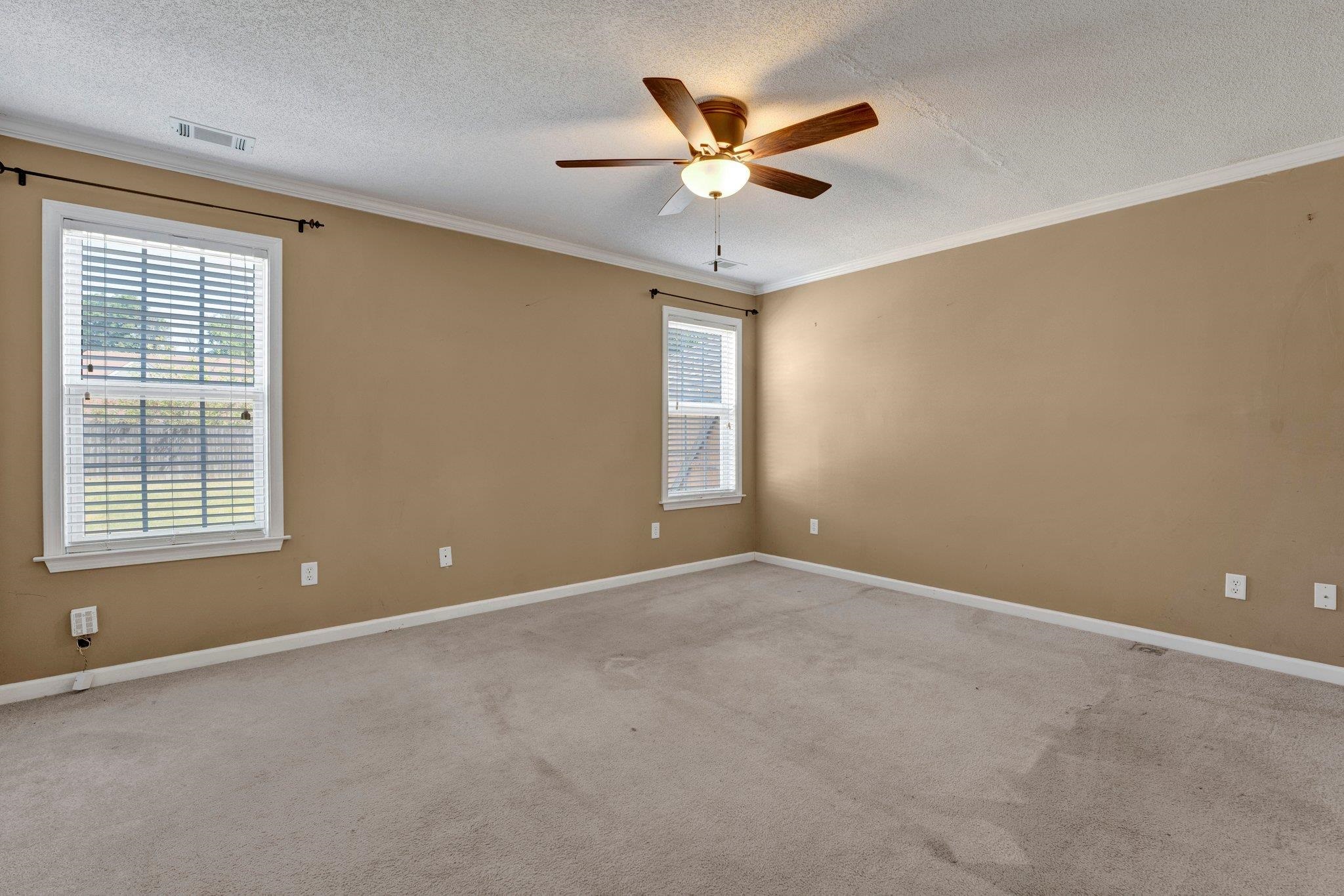 Carpeted spare room featuring a wealth of natural light, ceiling fan, ornamental molding, and a textured ceiling