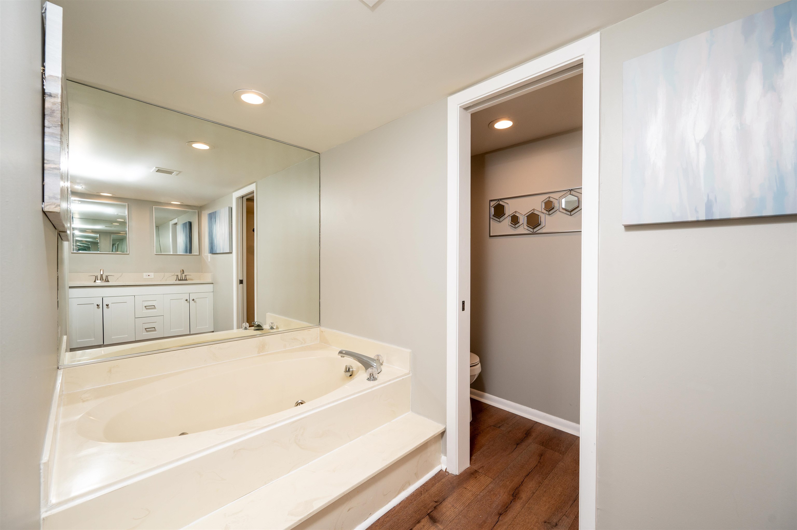 Bathroom featuring toilet, a washtub, wood-type flooring, and double vanity