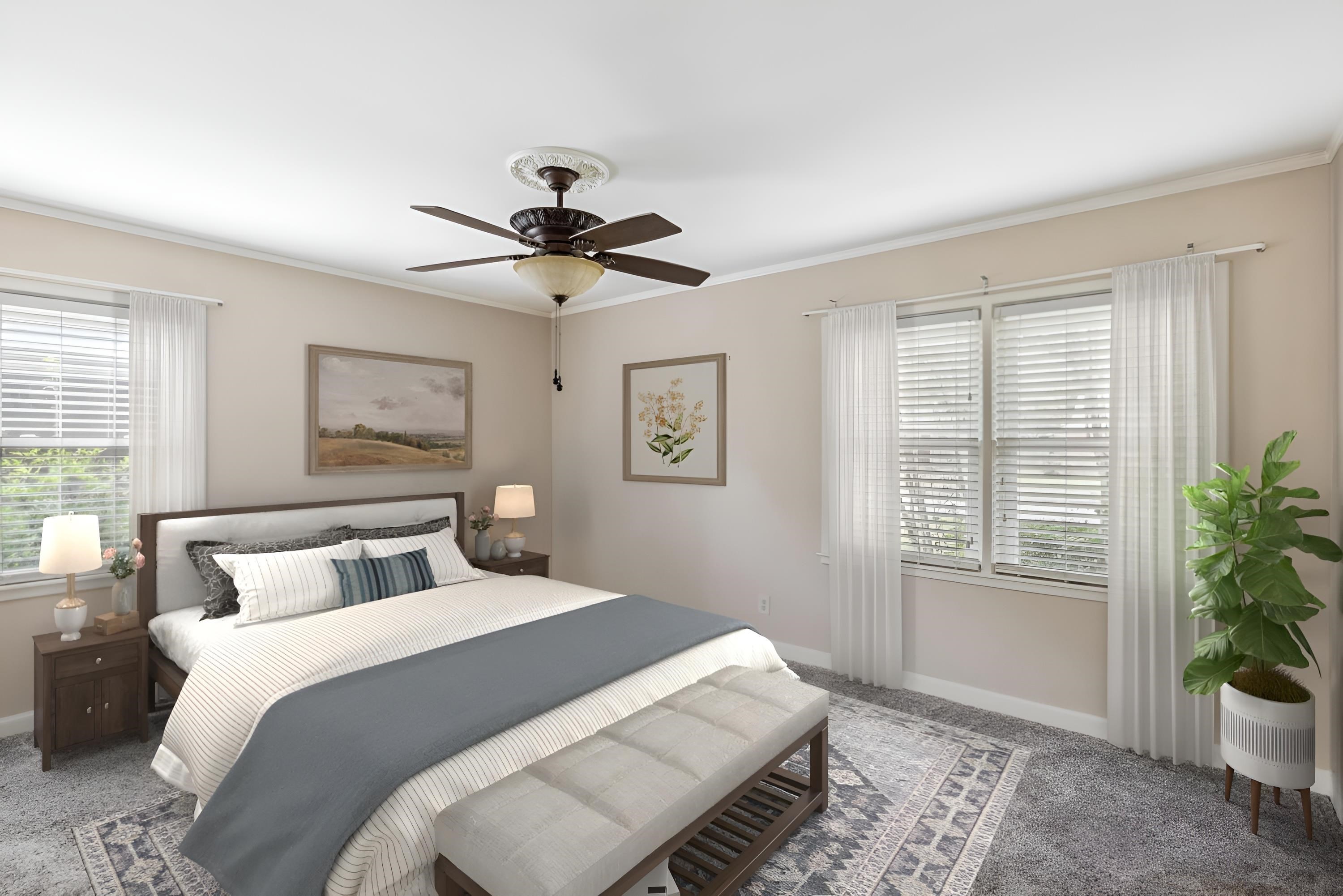 Carpeted bedroom with multiple windows, ceiling fan, and ornamental molding