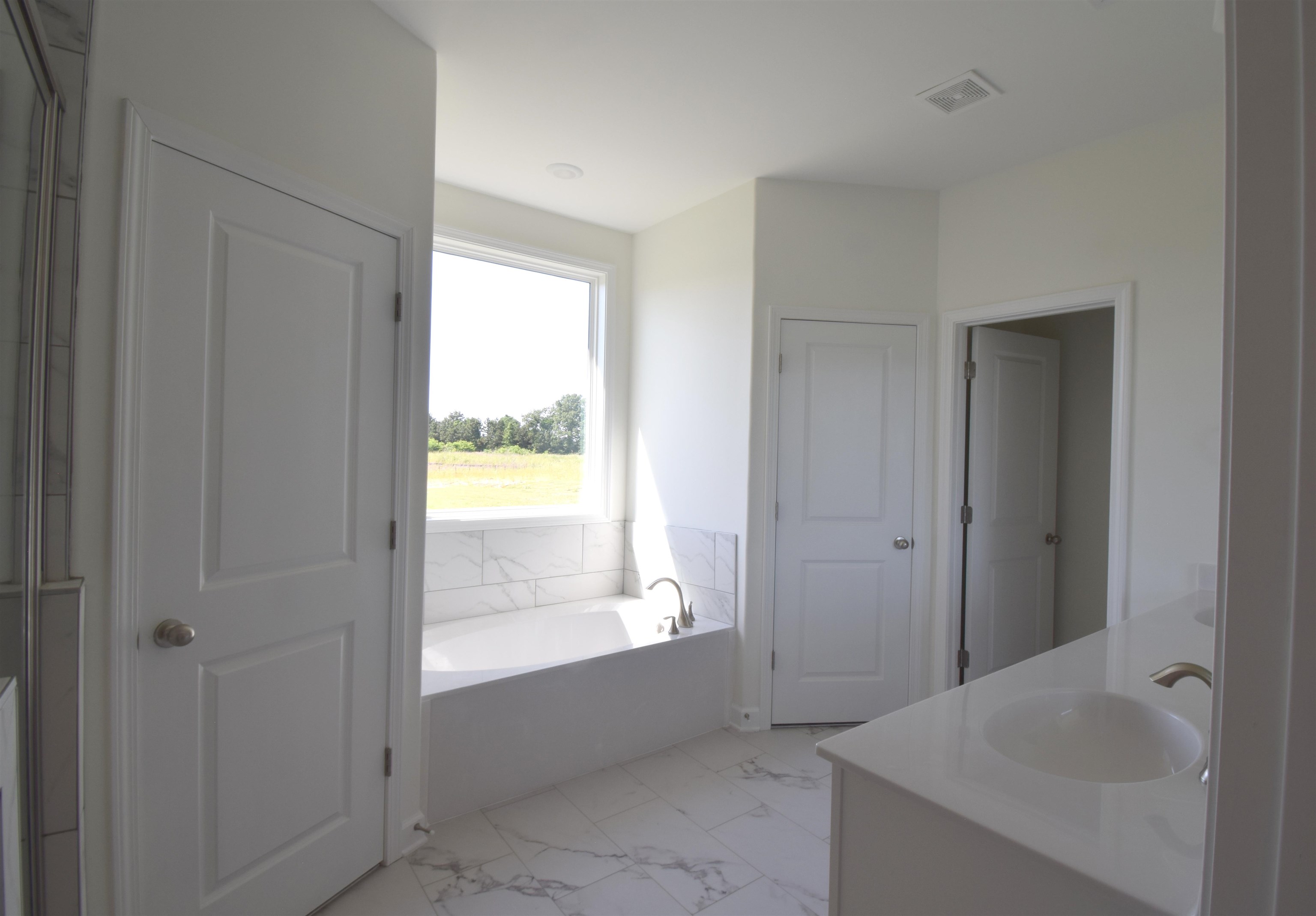 Bathroom featuring vanity and a washtub