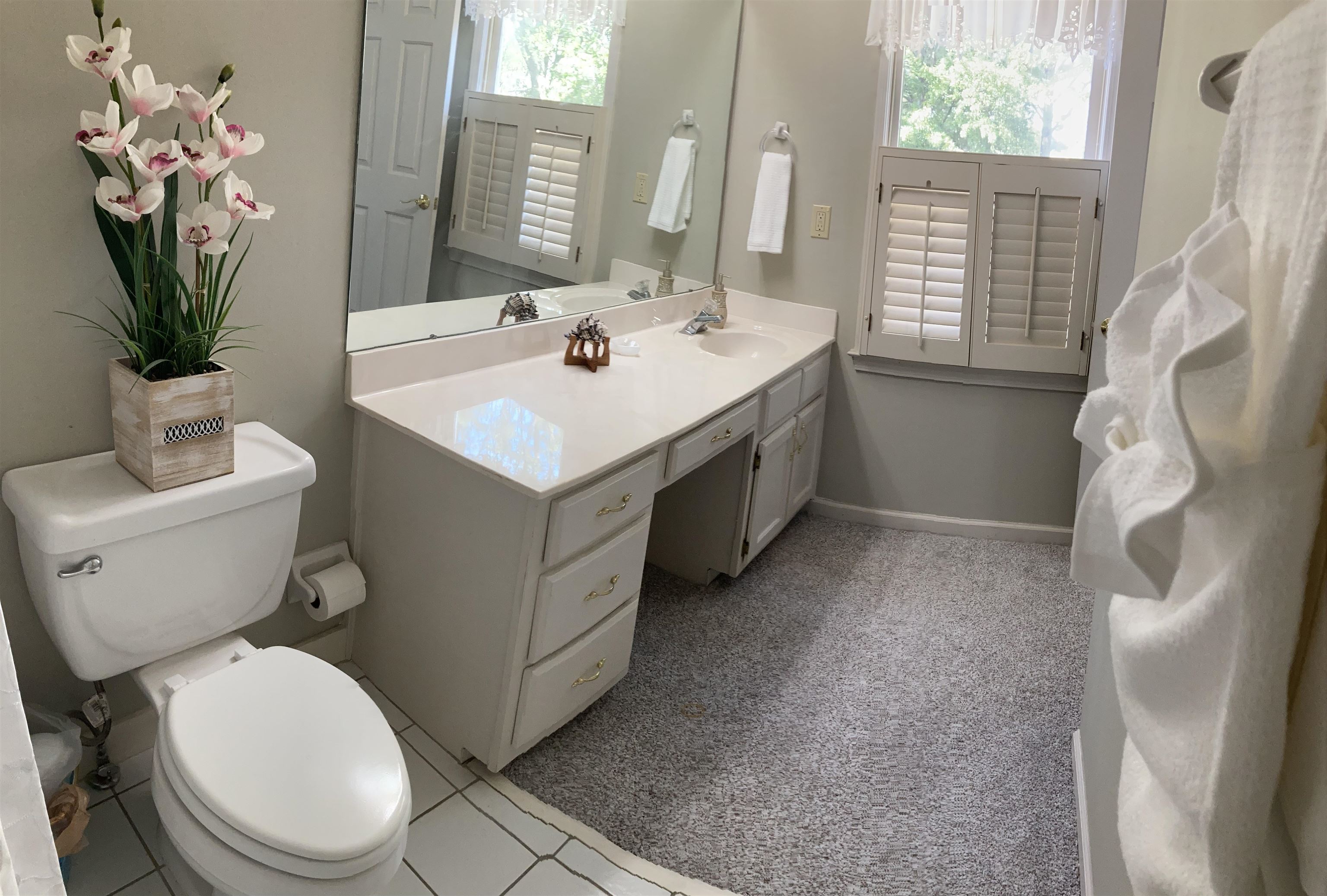 Bathroom with vanity, toilet, plenty of natural light, and tile patterned floors