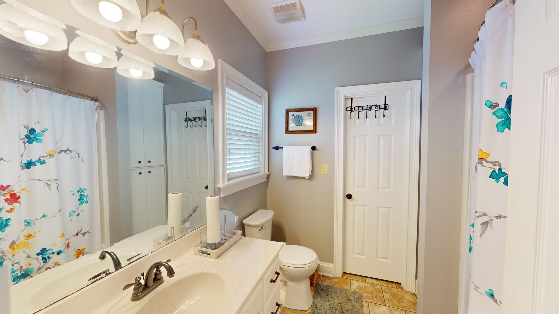 Bathroom featuring toilet, crown molding, and vanity