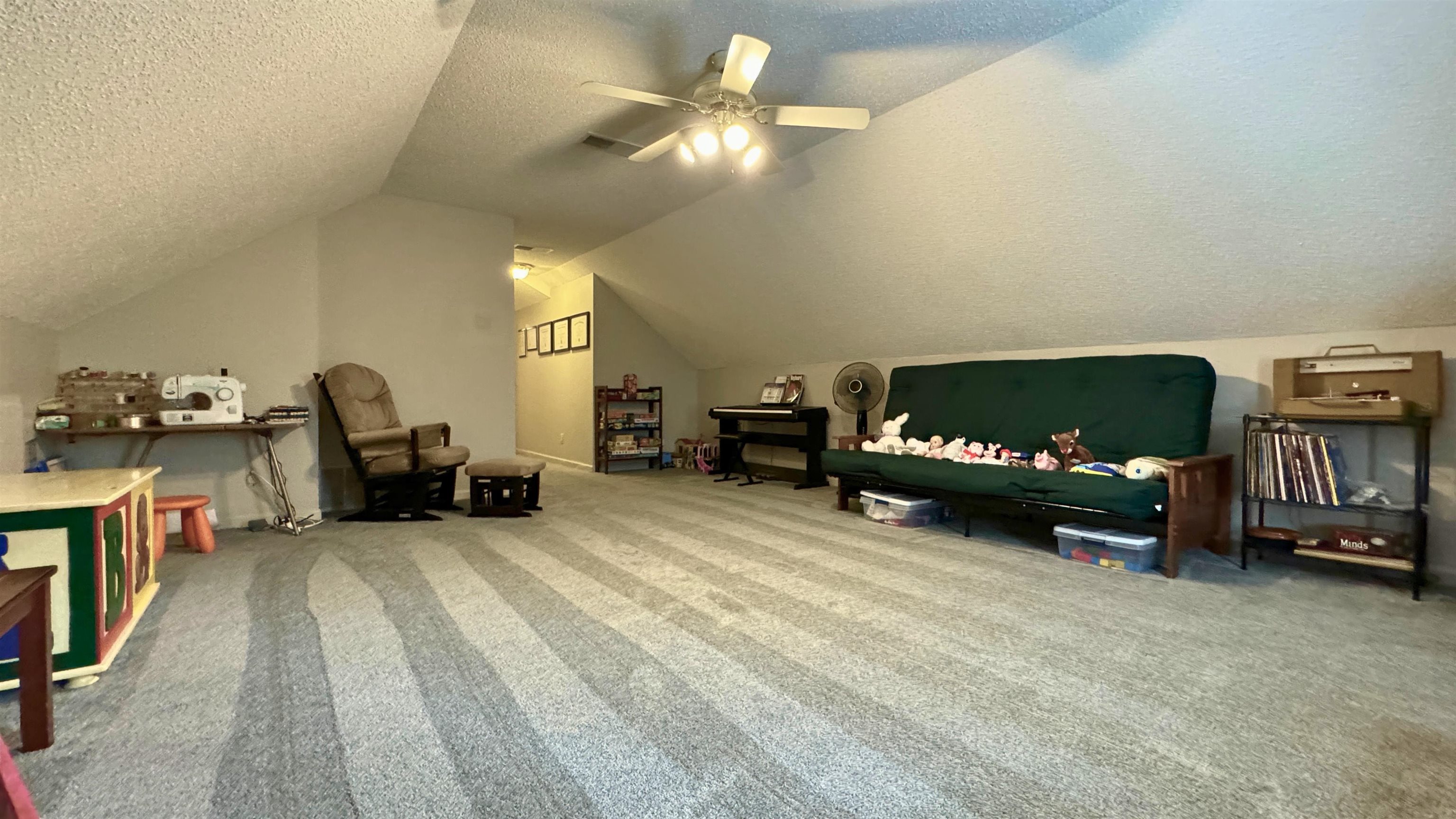 Interior space featuring carpet, a textured ceiling, and lofted ceiling