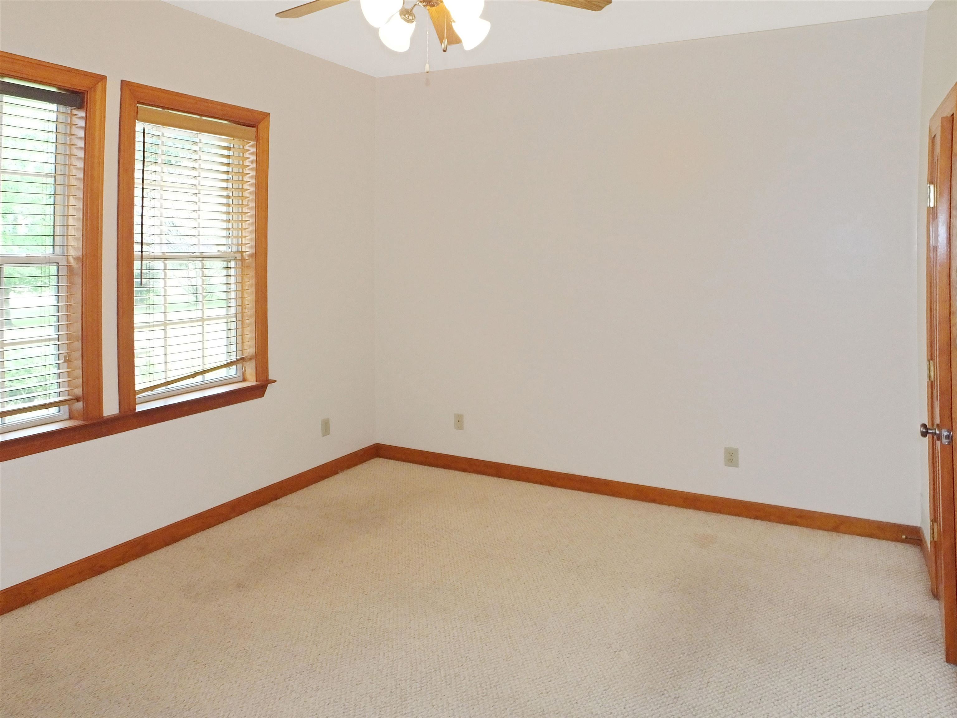 Spare room featuring ceiling fan, a wealth of natural light, and light carpet