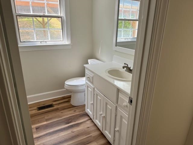 Bathroom featuring a wealth of natural light, toilet, hardwood / wood-style flooring, and vanity