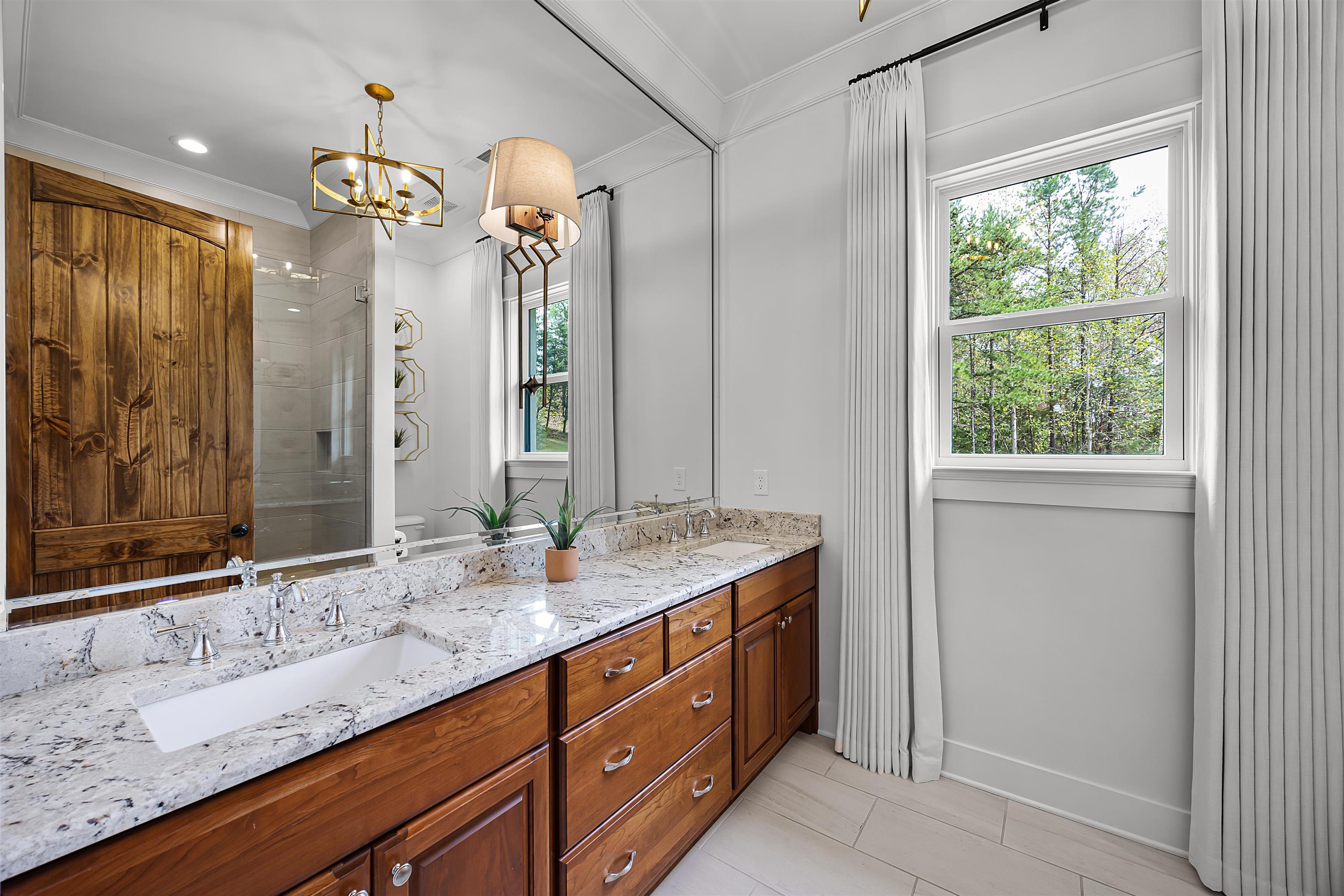 Bathroom featuring crown molding, vanity, a healthy amount of sunlight, and walk in shower