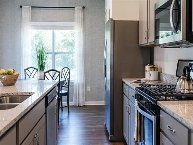 Kitchen featuring dark wood-type flooring, plenty of natural light, stainless steel appliances, and light stone countertops