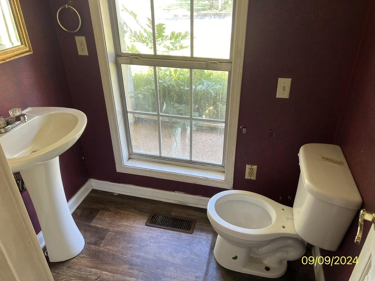 Bathroom with wood-type flooring, toilet, and sink