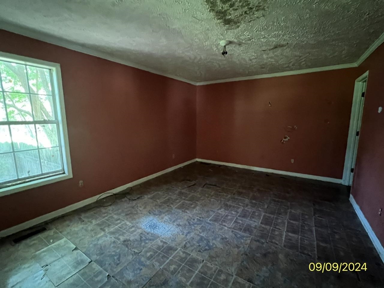 Spare room featuring a textured ceiling and crown molding