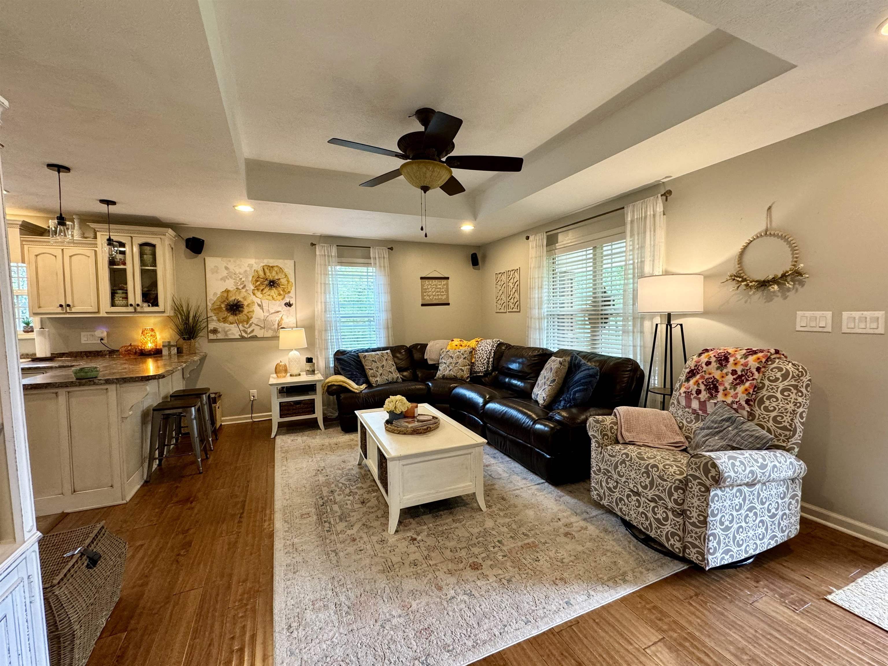 Living room with a raised ceiling, hardwood / wood-style floors, ceiling fan, and plenty of natural light