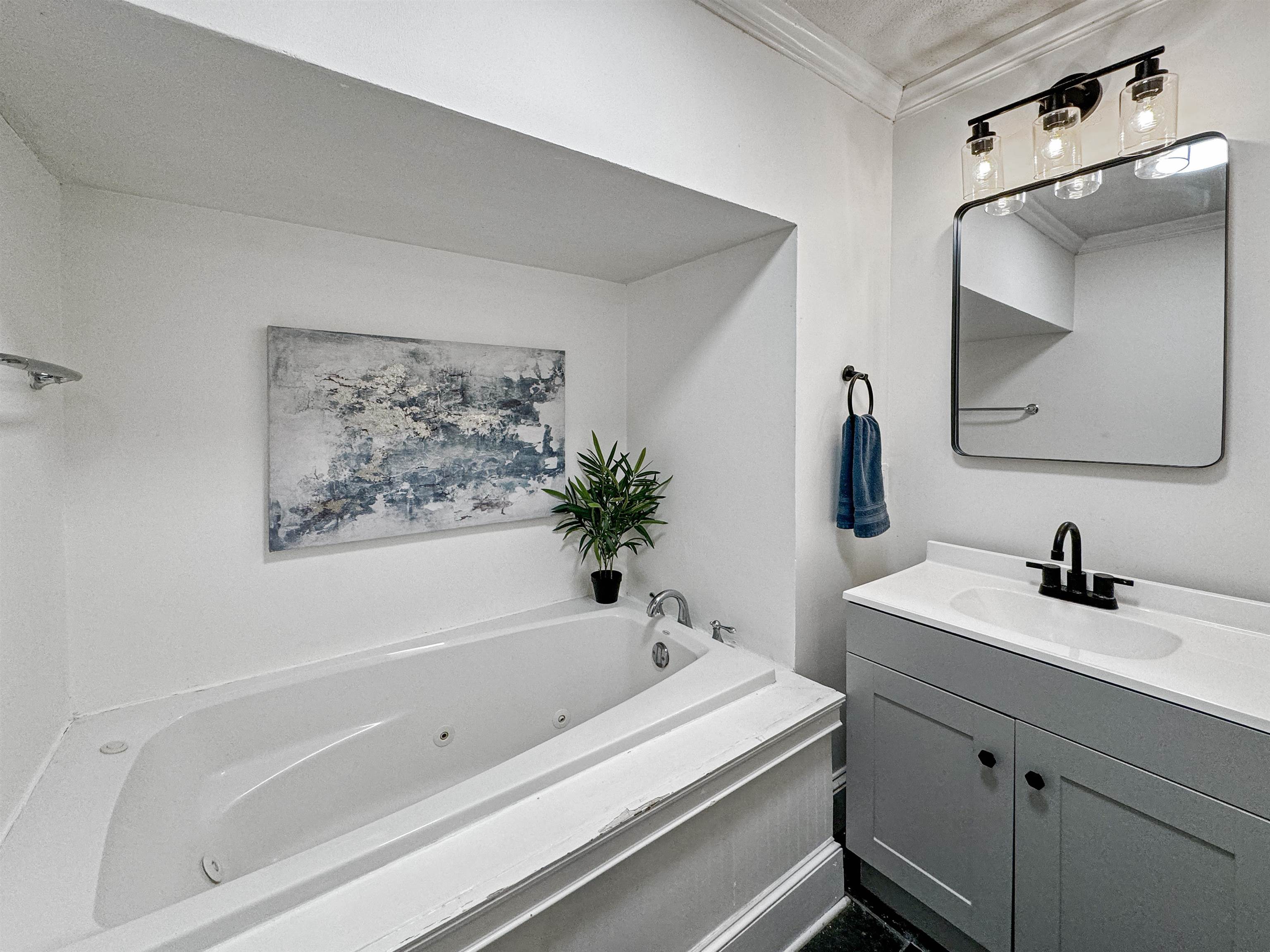 Bathroom with a bath, ornamental molding, and vanity