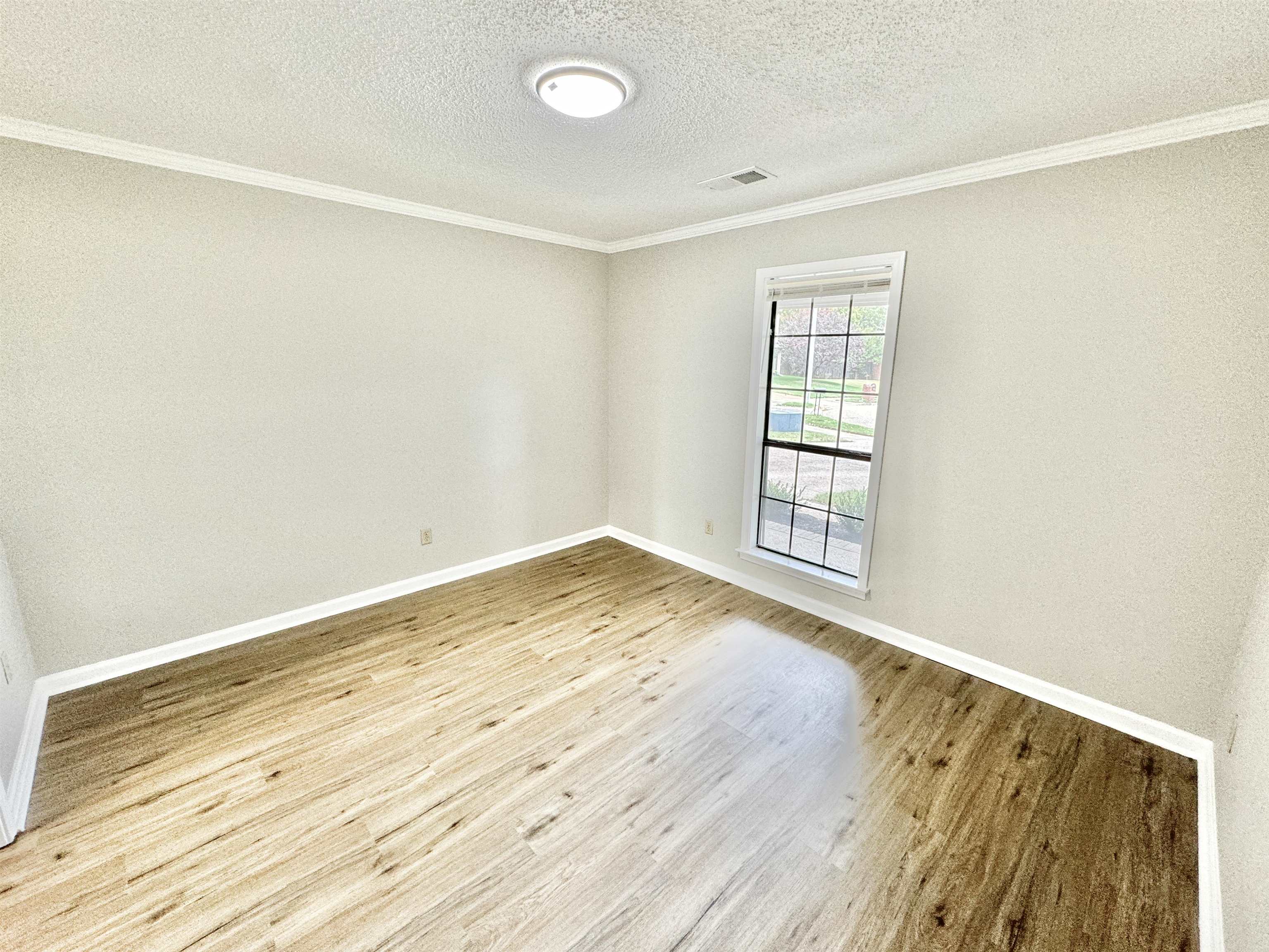 Spare room featuring light wood-type flooring, a textured ceiling, and crown molding