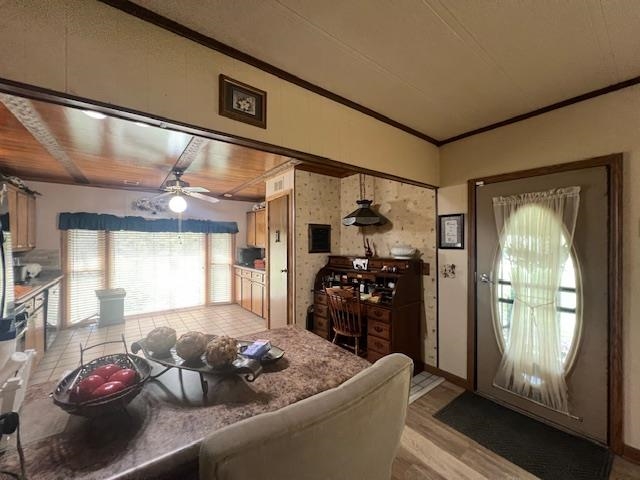 Kitchen featuring ceiling fan, ornamental molding, and light hardwood / wood-style floors