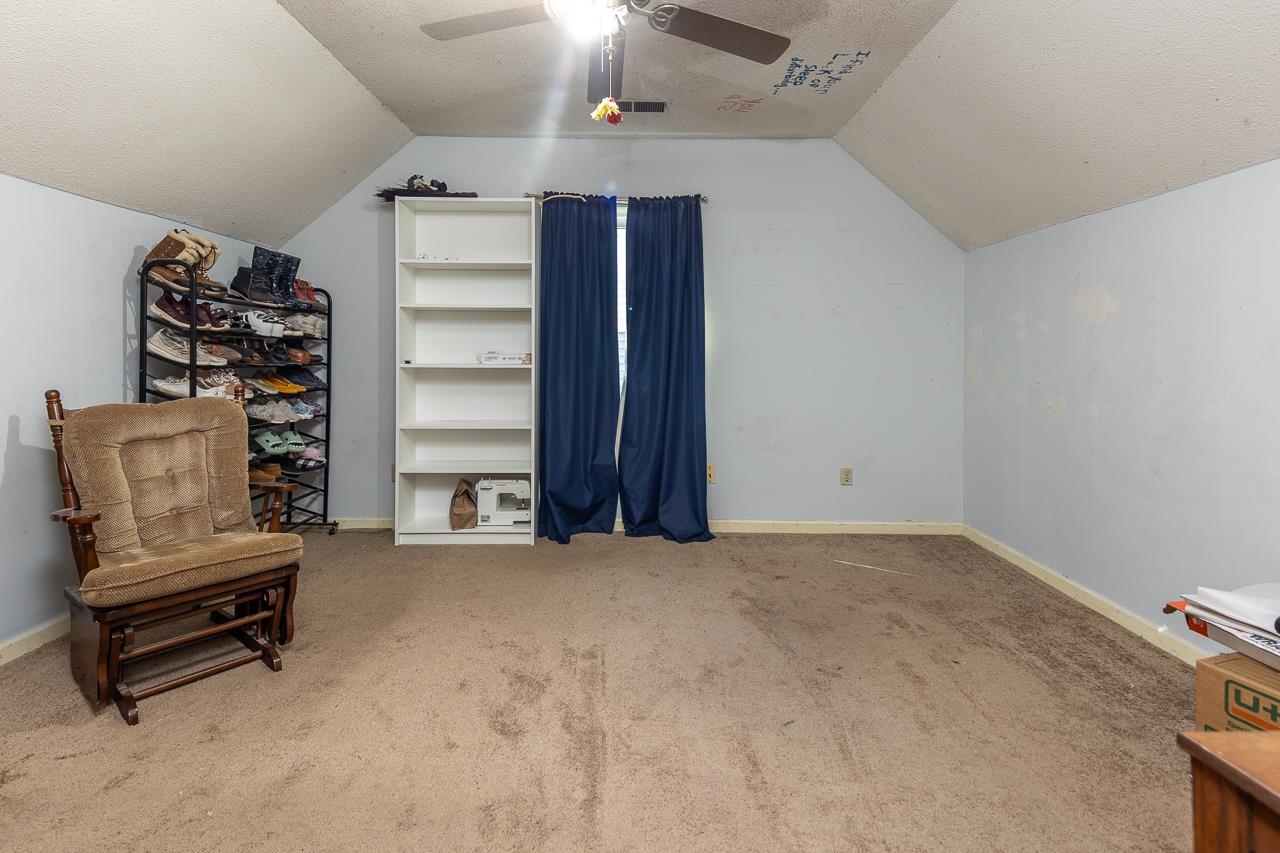 Additional living space featuring vaulted ceiling, ceiling fan, carpet floors, and a textured ceiling