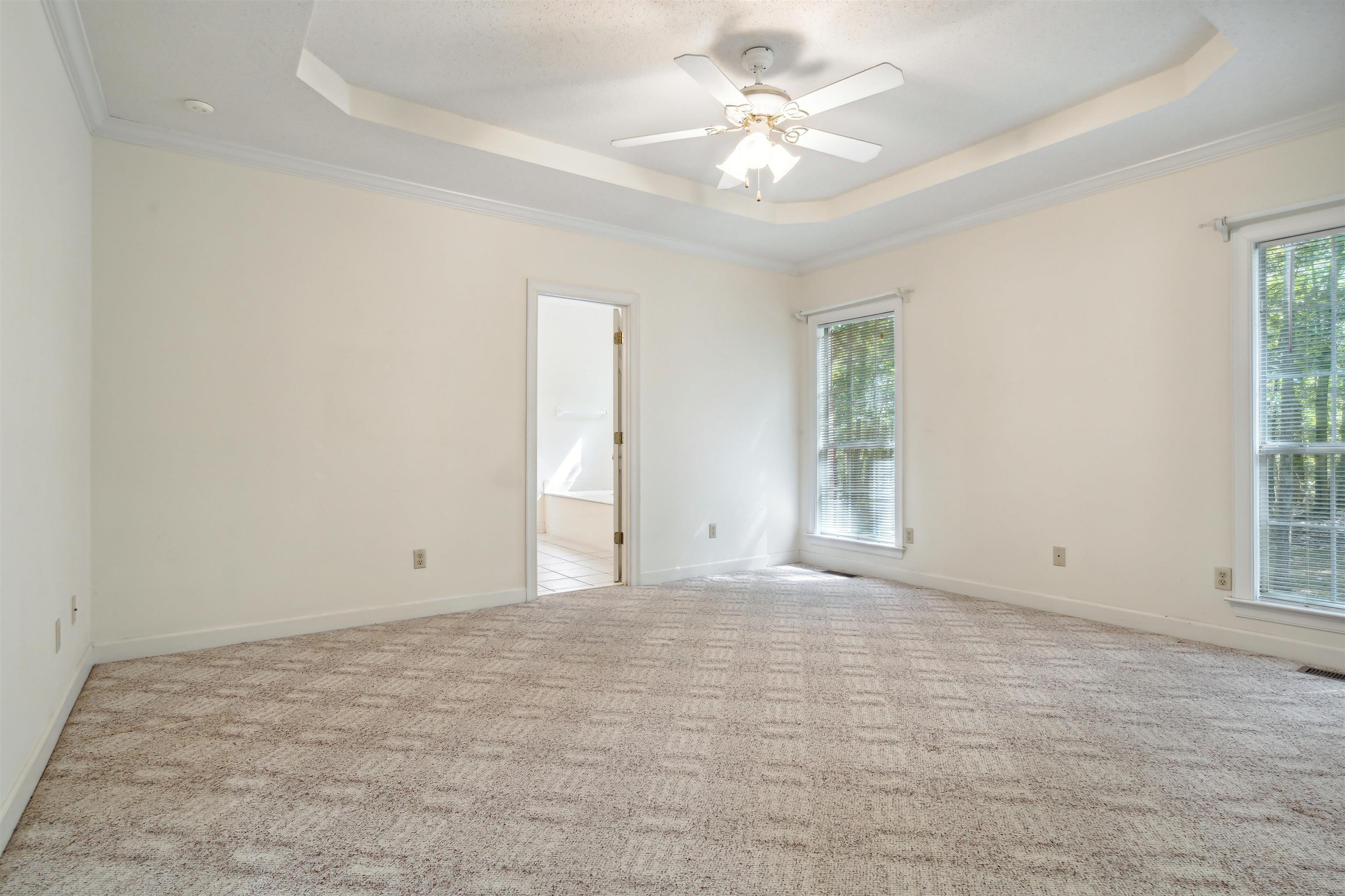 Unfurnished room with crown molding, a tray ceiling, ceiling fan, and light colored carpet