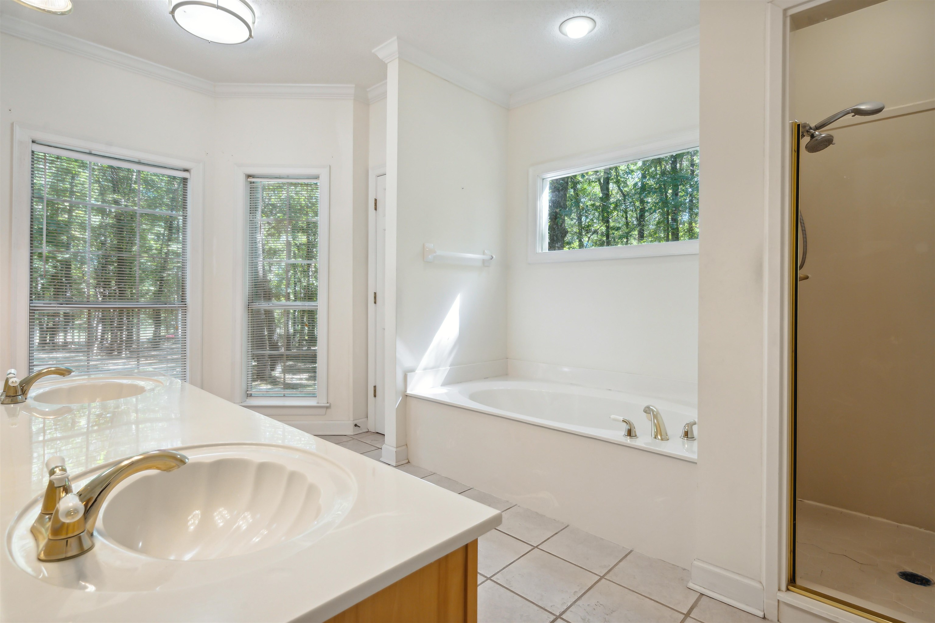Bathroom with independent shower and bath, crown molding, tile patterned flooring, and vanity