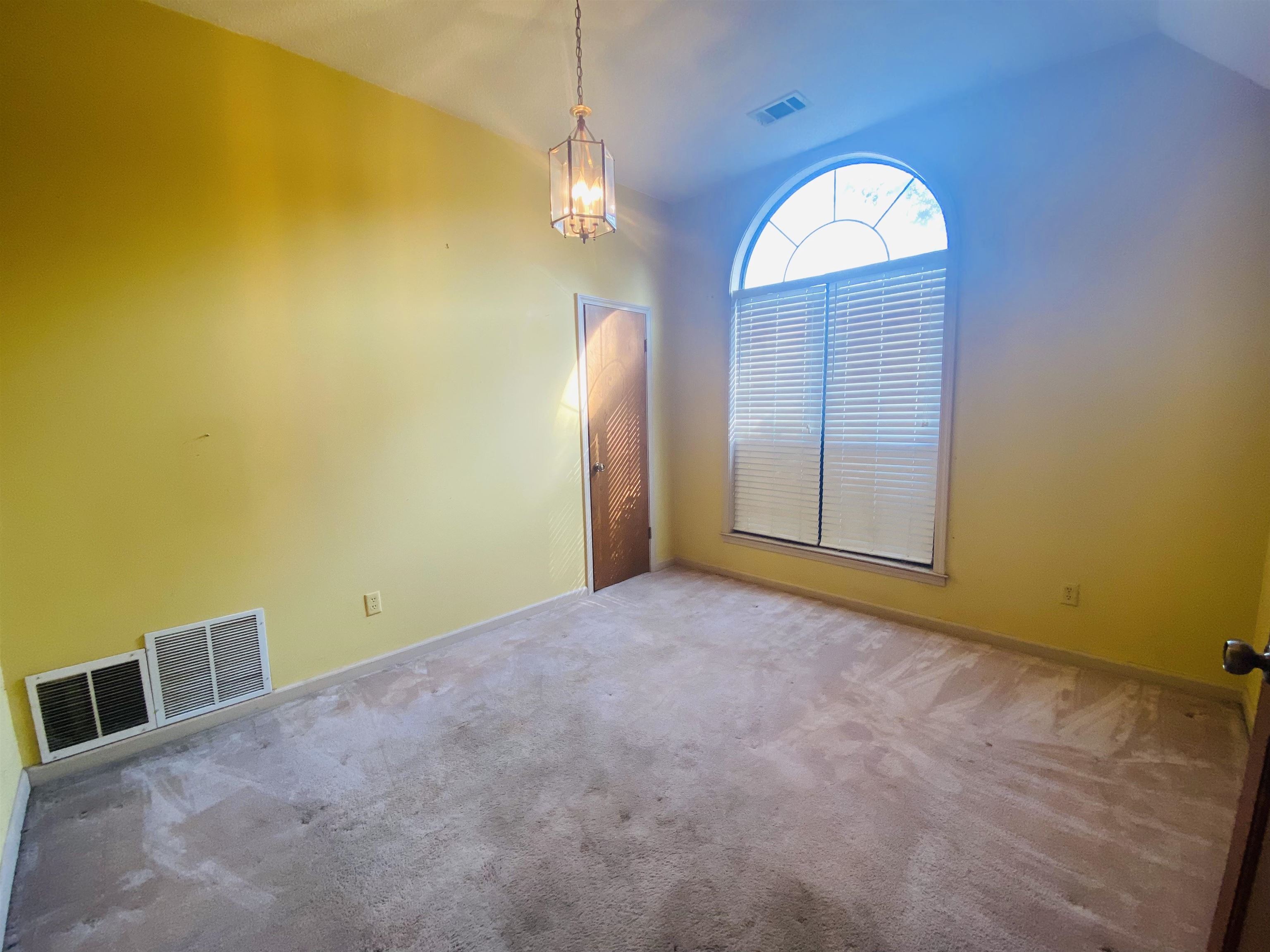 Carpeted empty room with vaulted ceiling