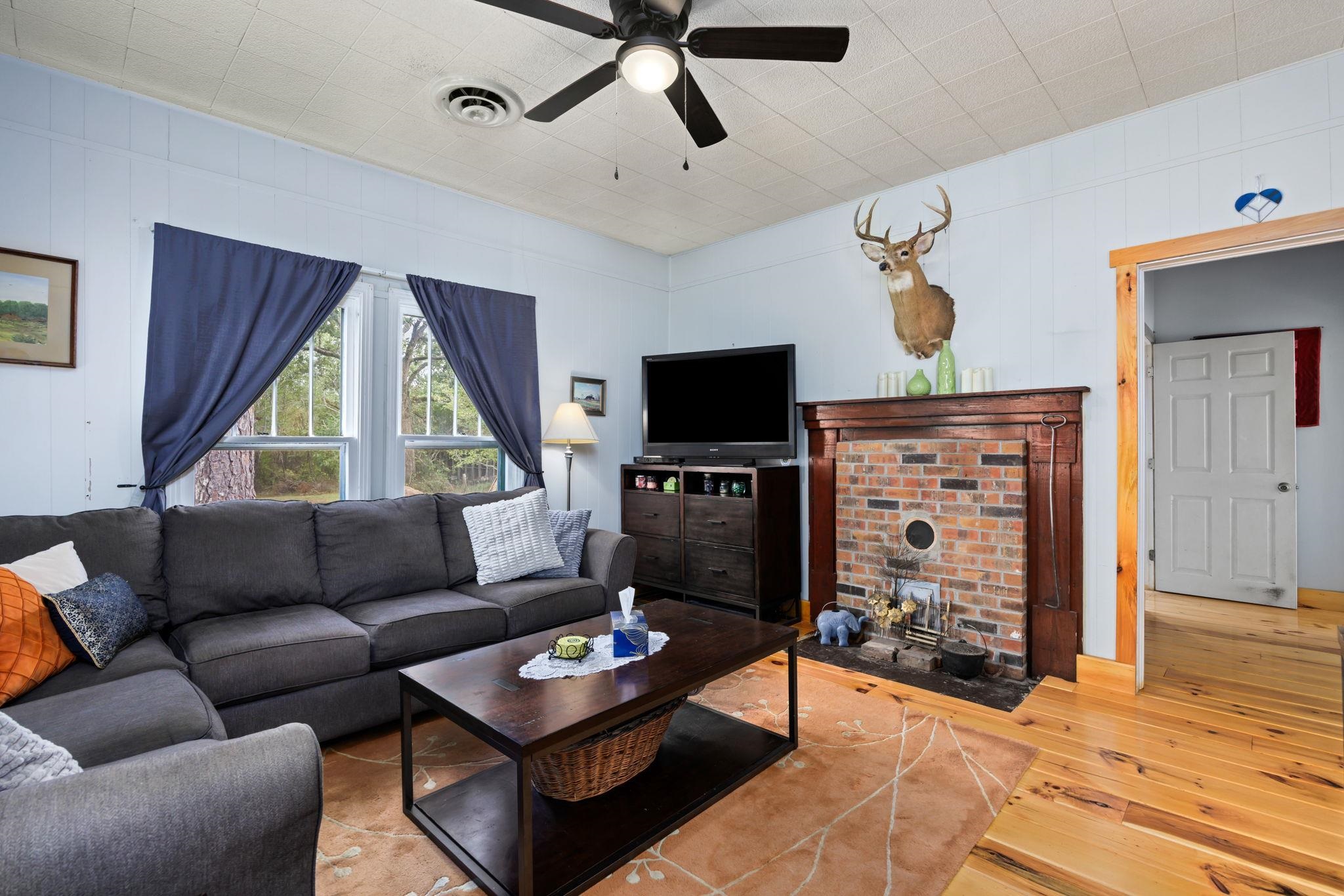 Living room featuring light wood-type flooring and ceiling fan