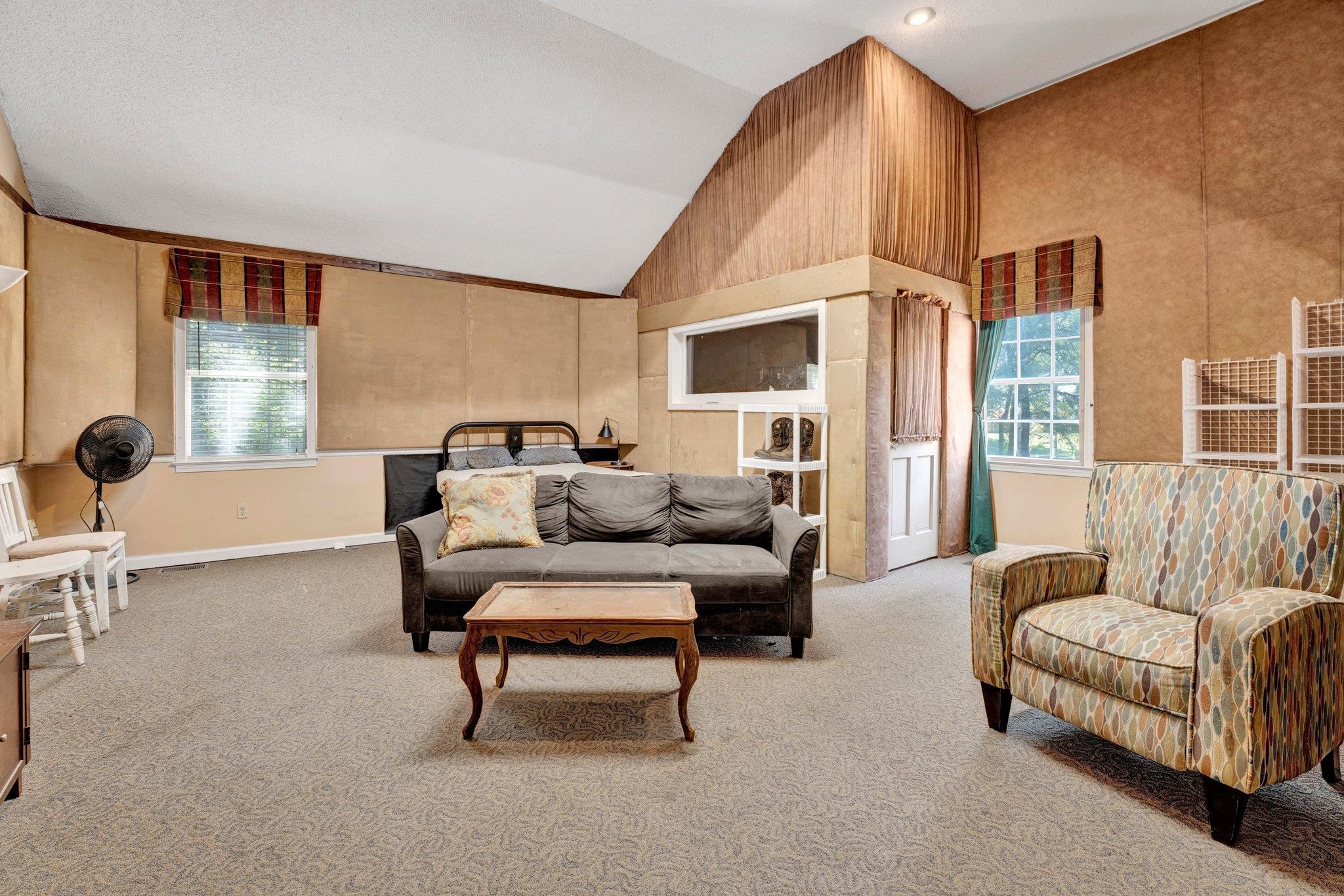 In-law Suite with carpet floors, high vaulted ceiling, and a healthy amount of sunlight