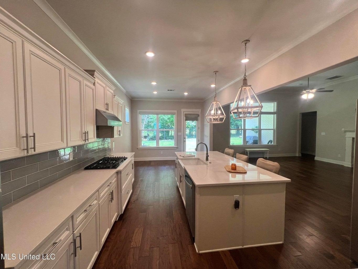 Kitchen featuring sink, a kitchen island with sink, black gas stovetop, dark hardwood / wood-style flooring, and decorative backsplash