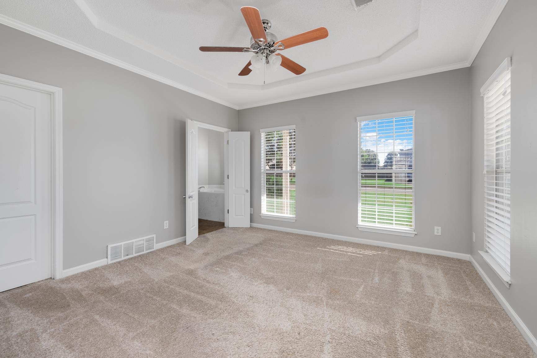 Carpeted spare room featuring ornamental molding, ceiling fan, and a raised ceiling