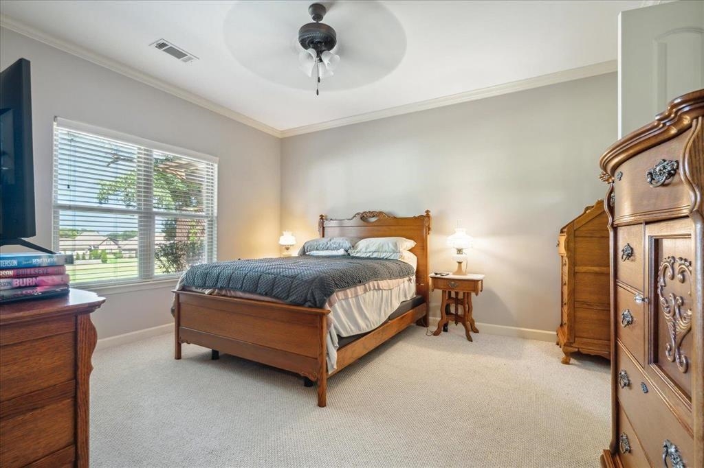 Spacious and bright primary bedroom with carpet.