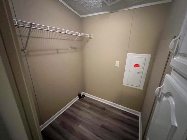 Clothes washing area featuring electric panel, crown molding, and dark hardwood / wood-style floors