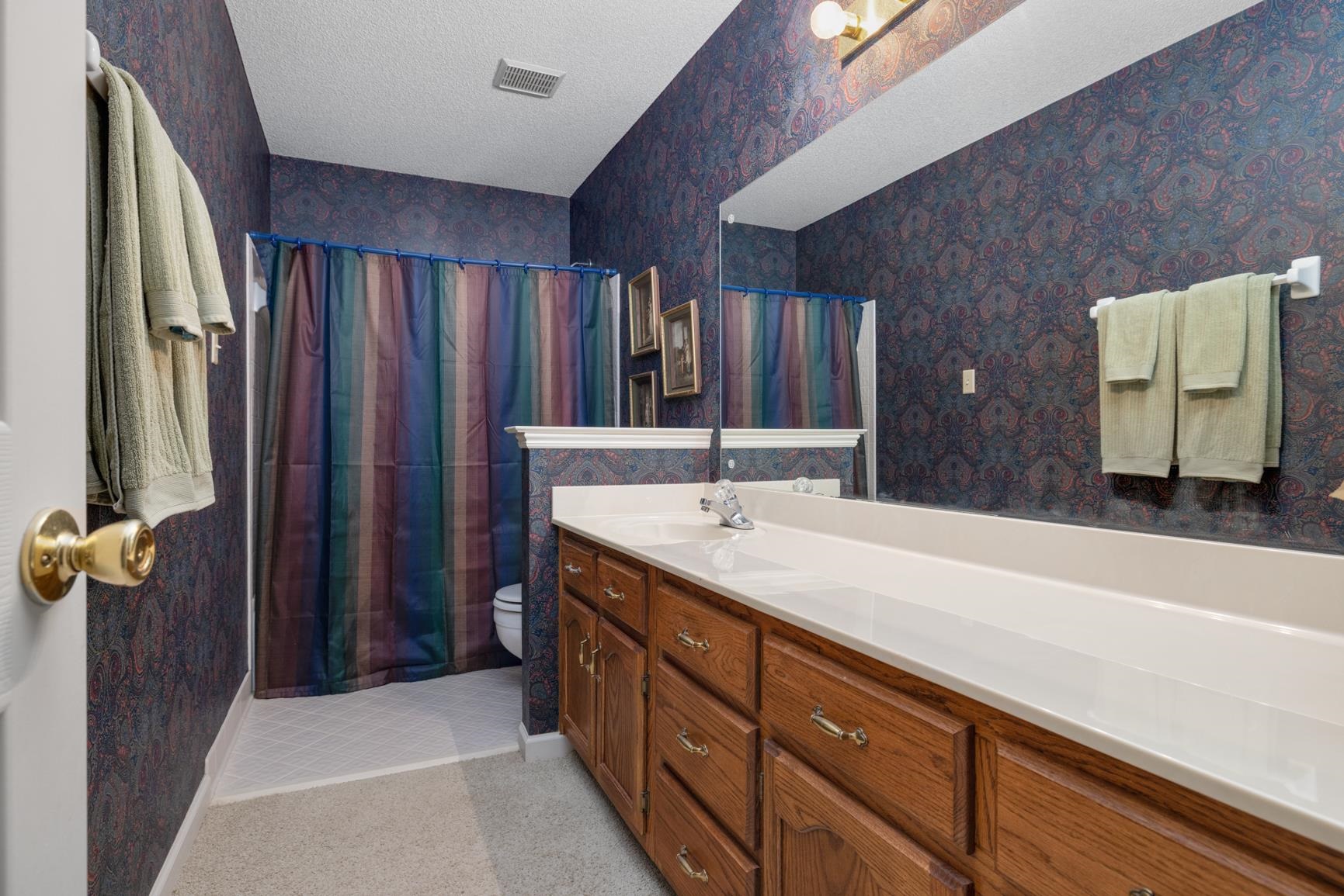 Bathroom with toilet, a textured ceiling, curtained shower, and vanity