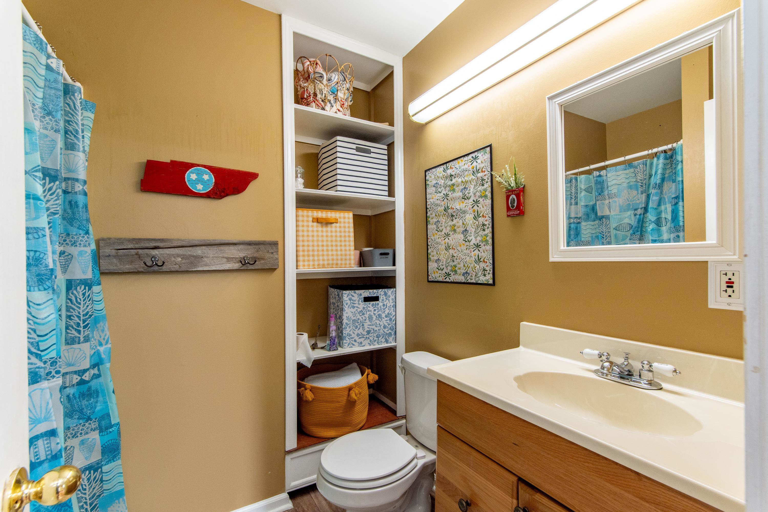 Bathroom with toilet, curtained shower, and vanity